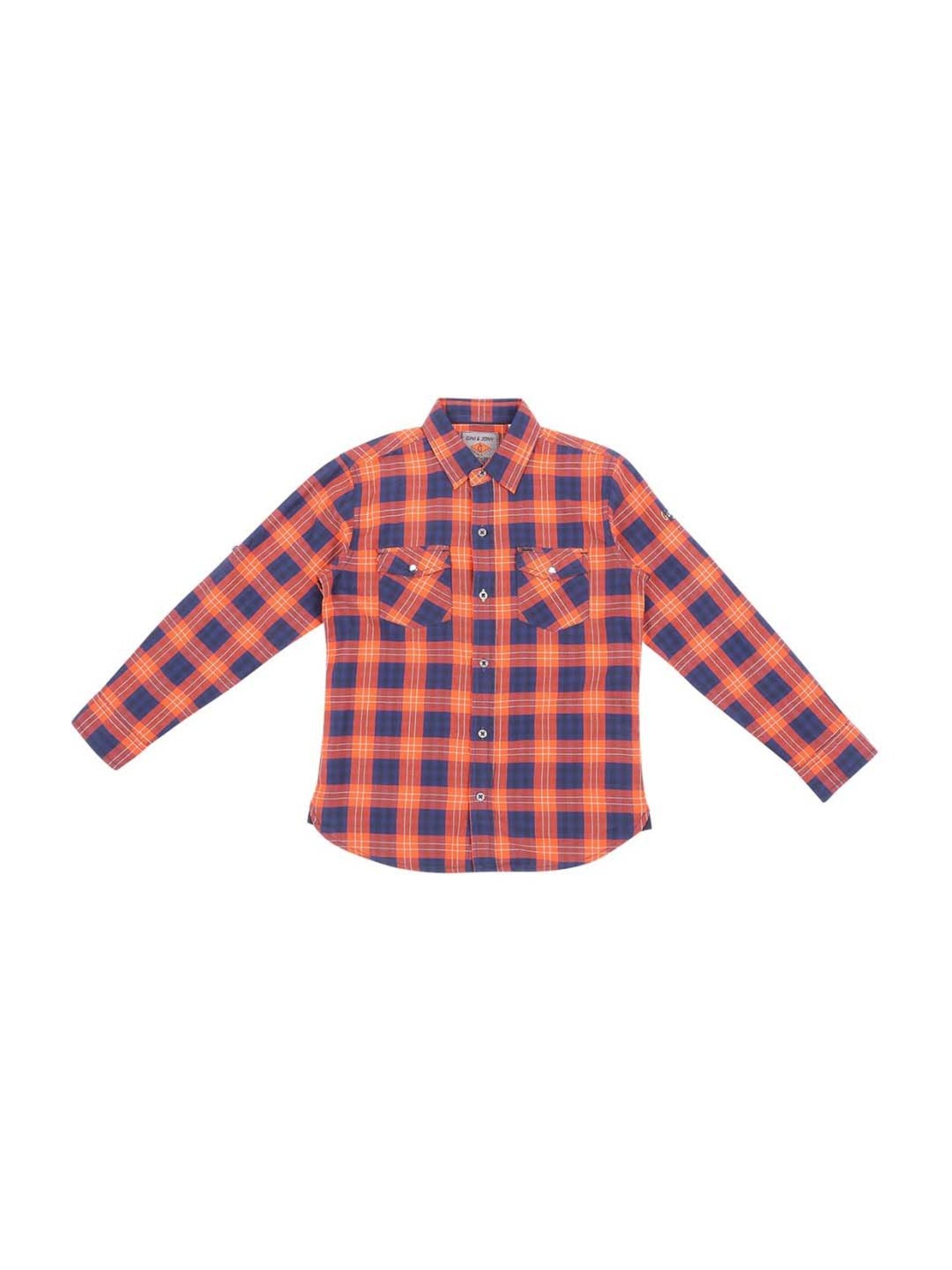 Gini & Jony Boys Orange & Blue Cotton Plaid Shirt