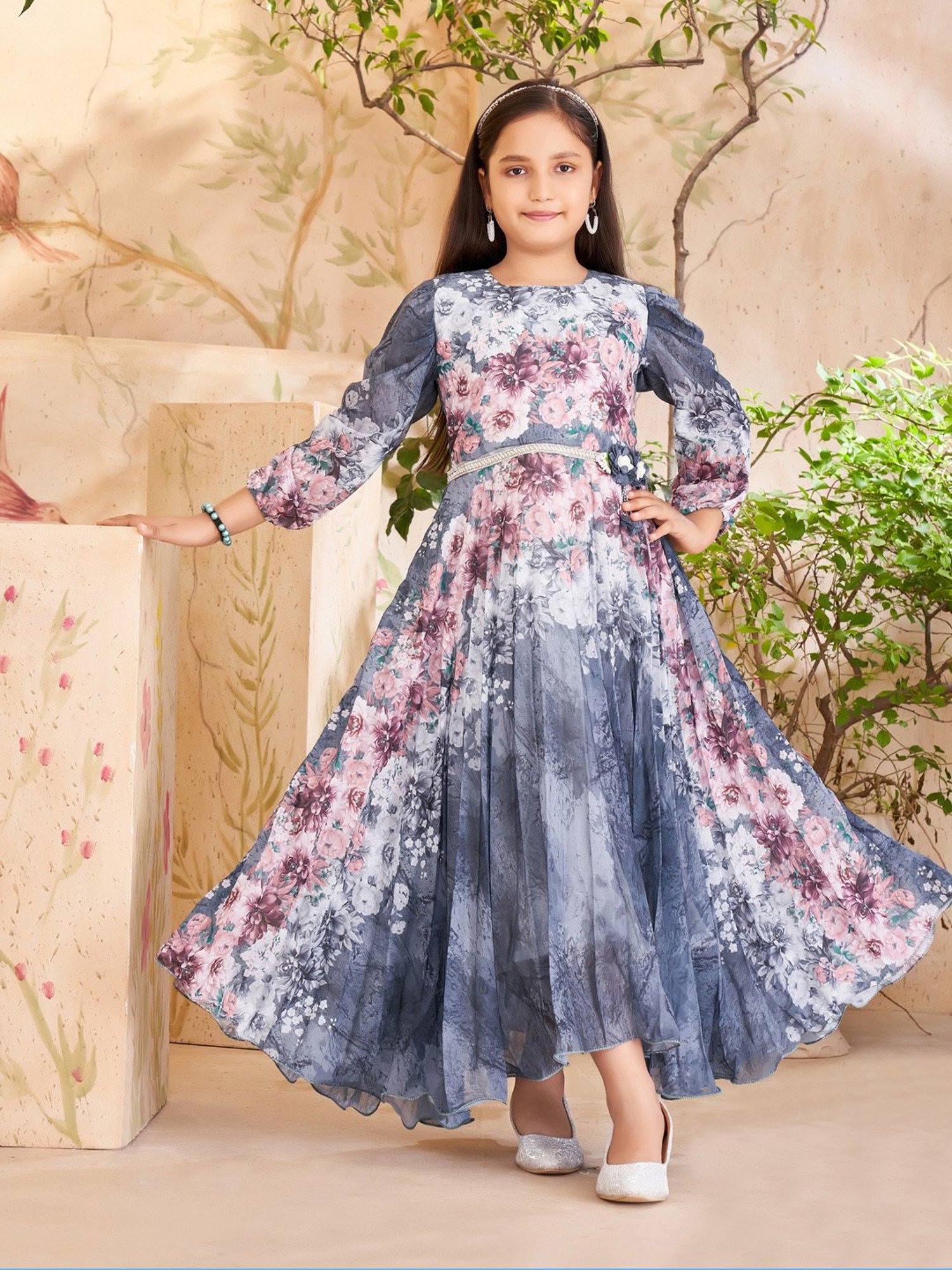 Aarika Girls Grey & Pink Floral Print Gown
