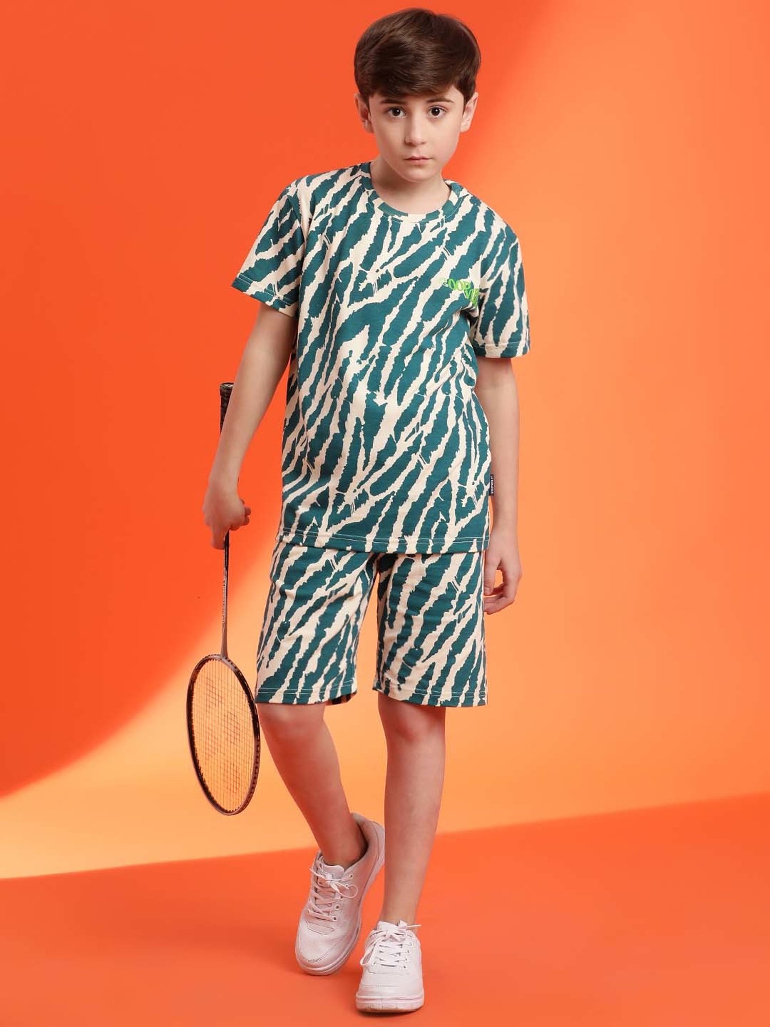 Lil Tomatoes Kids Teal Blue & Cream Printed T-Shirt Set