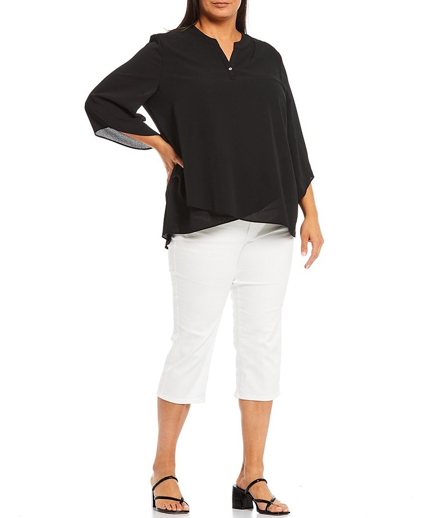 Calessa Plus Size 3/4 Flute Sleeve Split Round Neck Crossover Hem Pebble Crepe Tunic