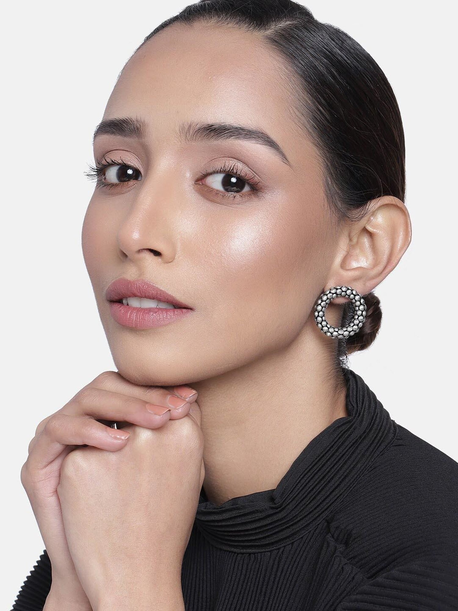 Estele Rhodium-Plated Oxidized Hoop Stud Earrings for Women