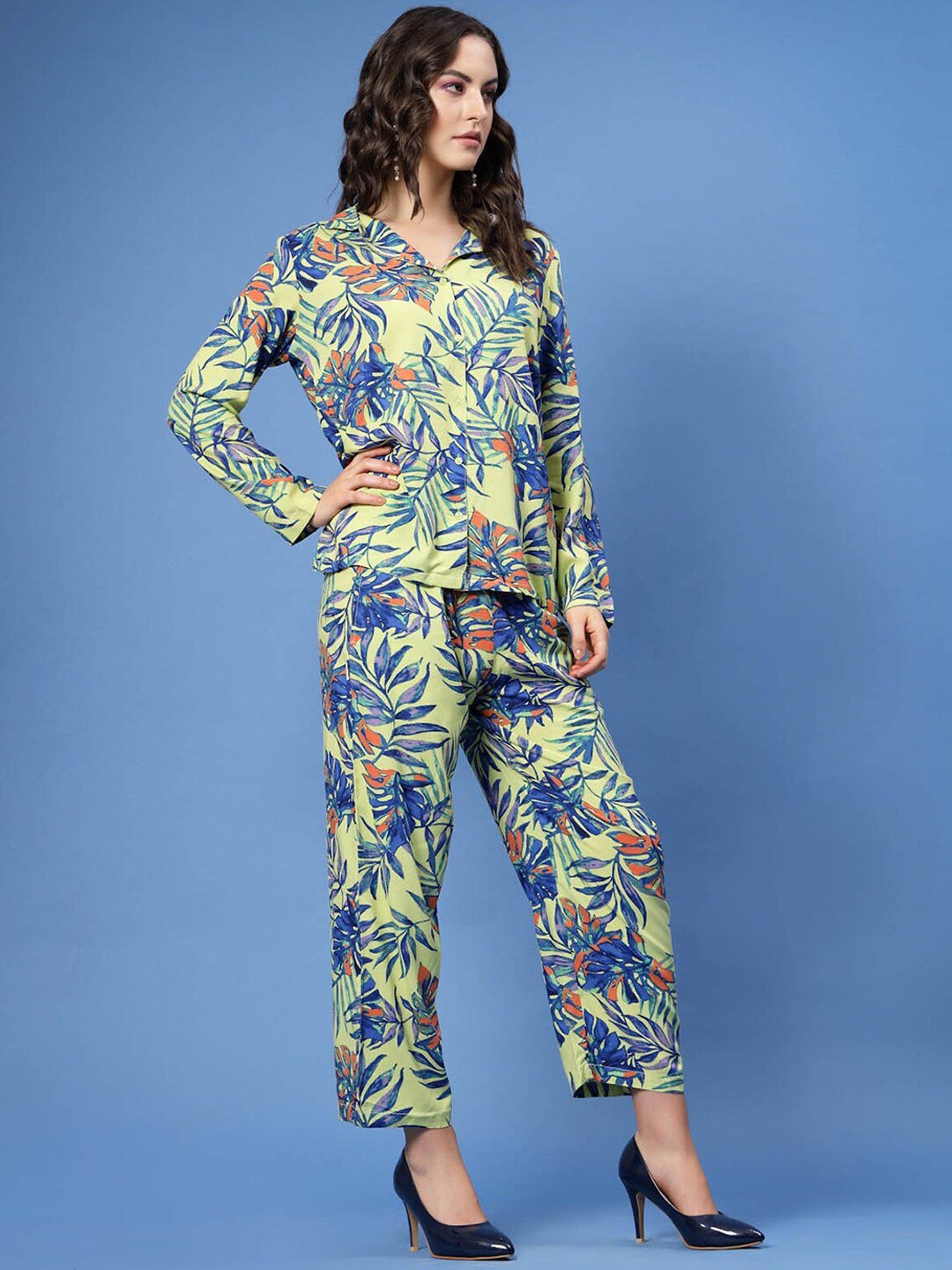 Melon by PlusS Yellow & Blue Printed Shirt With Trousers