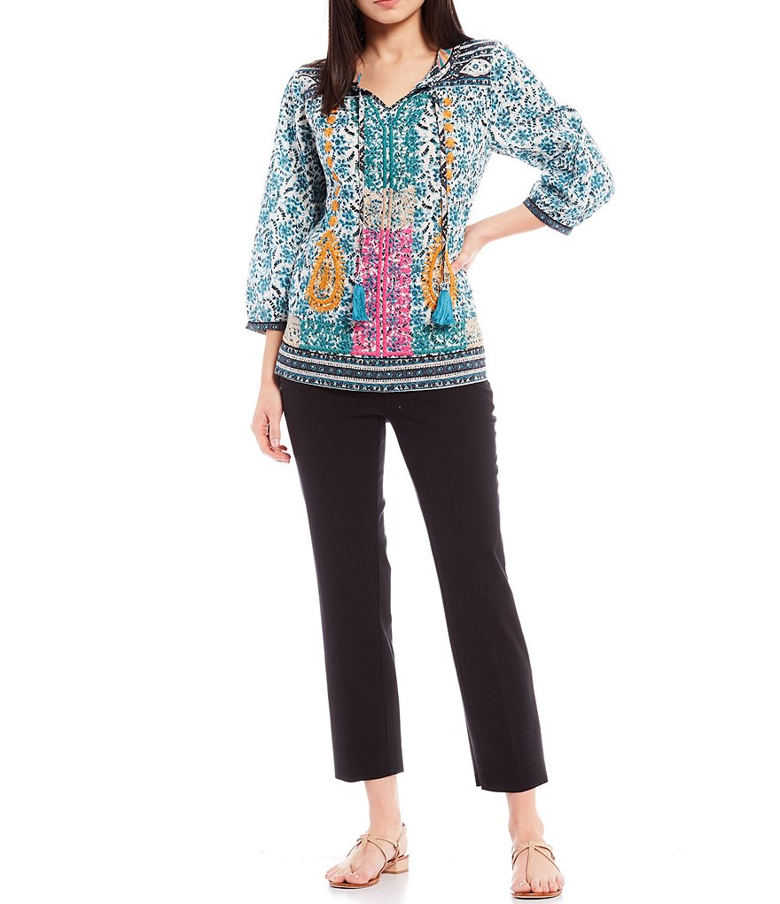 John Mark Yoked Tie Neck 3/4 Gathered Sleeve Embroidered Tunic