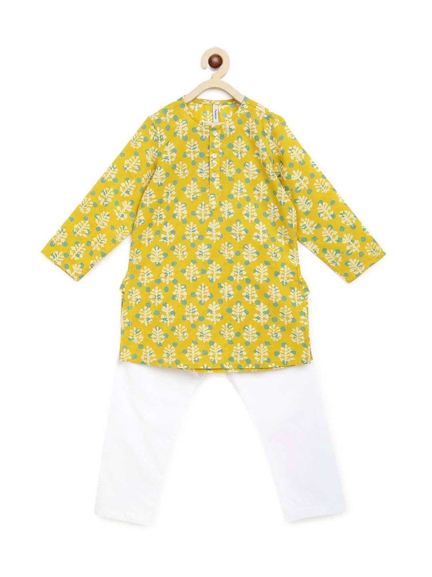 Campana Kids Yellow & White Cotton Floral Print Kurta Set