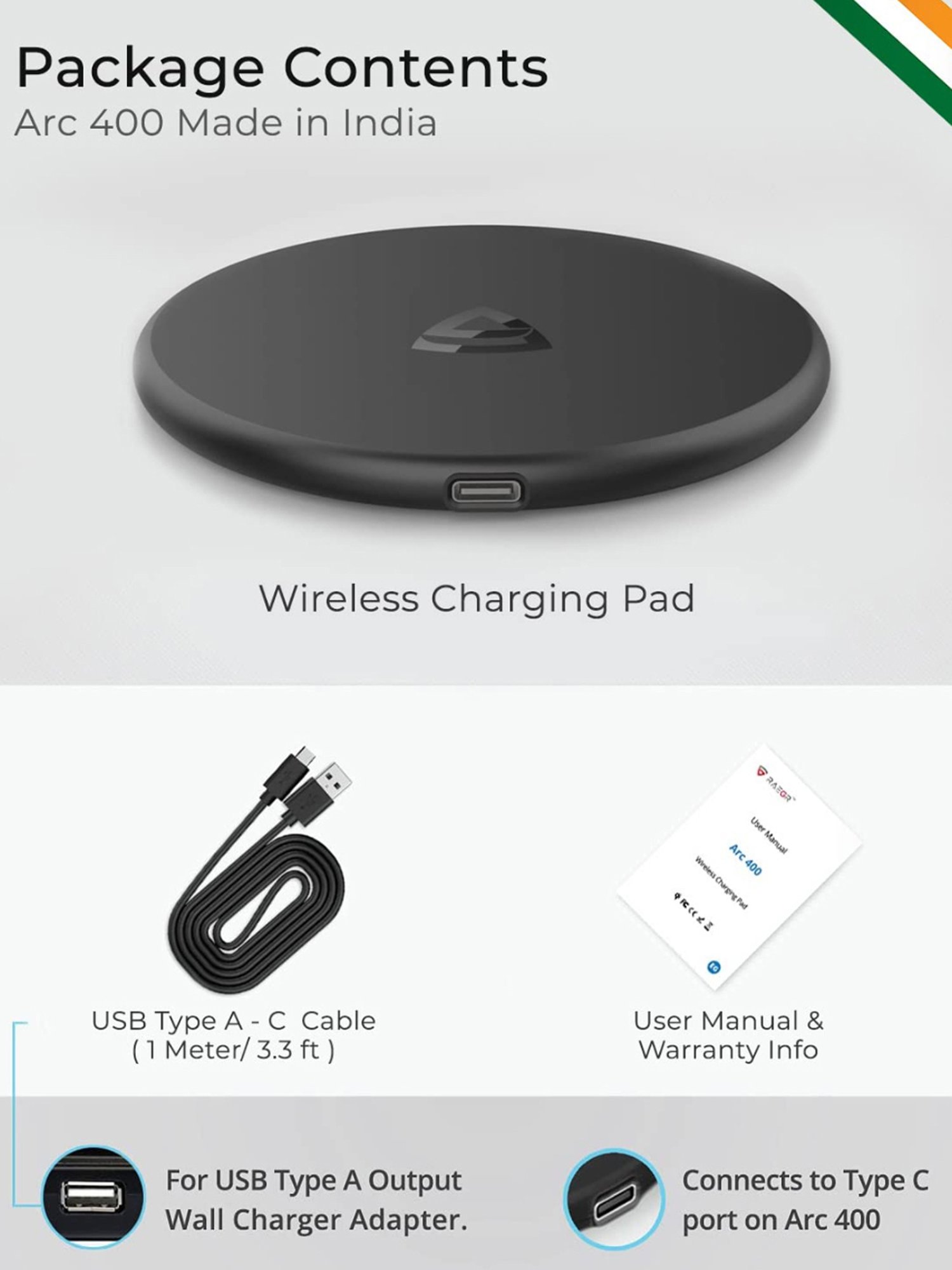 RAEGR Arc 400 RG10121 Type-C PD Qi Certified Wireless Charger (Matte Black)