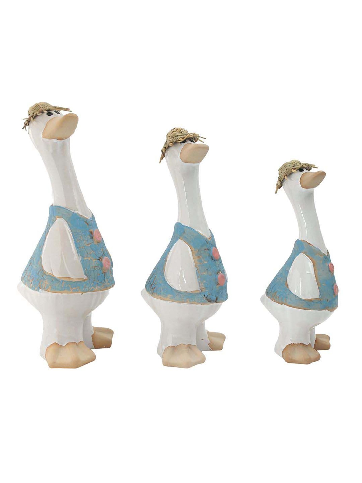 Tayhaa White & Blue Ceramic Duck Showpiece - Set of 3