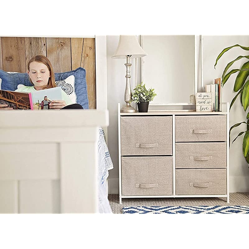 Storage Cube Dresser Organizer for Closet, Nursery, Bathroom, Laundry or Bedroom 5 Fabric Drawers, Solid Wood Top, Durable Steel Frame Natural