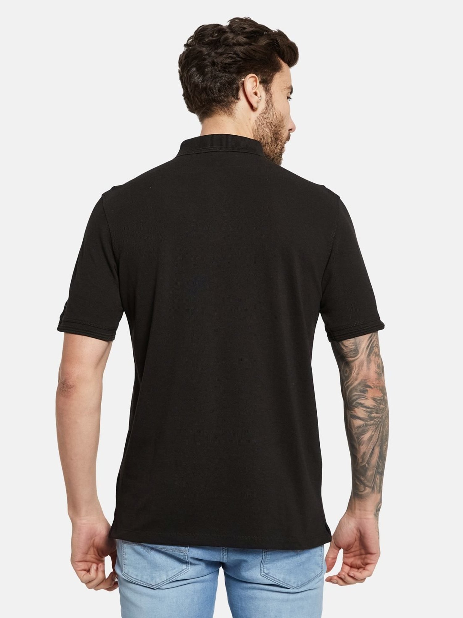Octave Black Cotton Regular Fit Polo T-Shirt