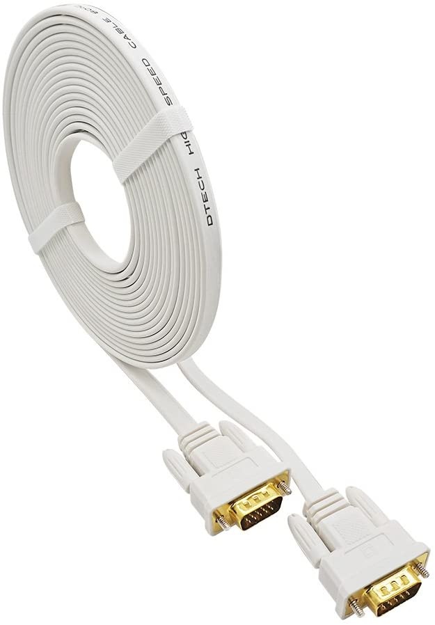 DTECH Slim Flexible 15 Feet VGA Cable Male to Male 1080p High Resolution Computer Monitor Cord - White - 5m