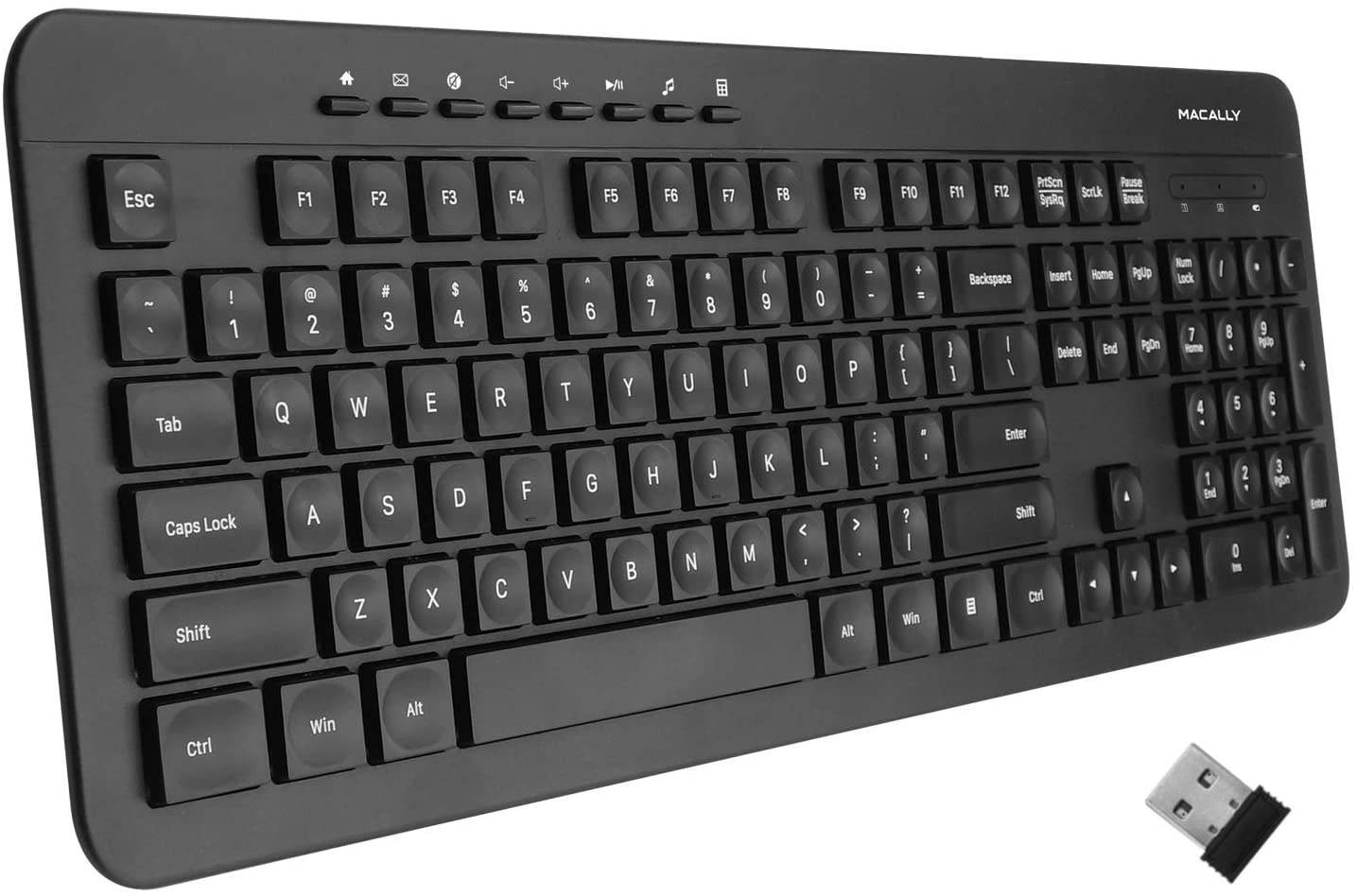 Macally 2.4G Wireless Keyboard for Laptop or PC Desktop - Easy to Use & Computer Keyboard Wireless - Cordless Keyboard with Numeric Keypad & 104 Keys (8 Multimedia Keys) - Plug & Play for Windows PC