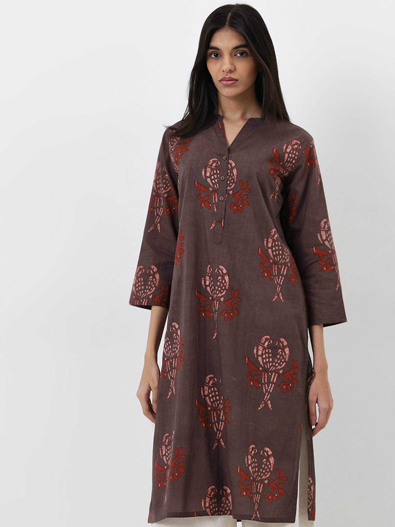 Utsa by Westside Brown Abstract Printed Straight Cotton Kurta