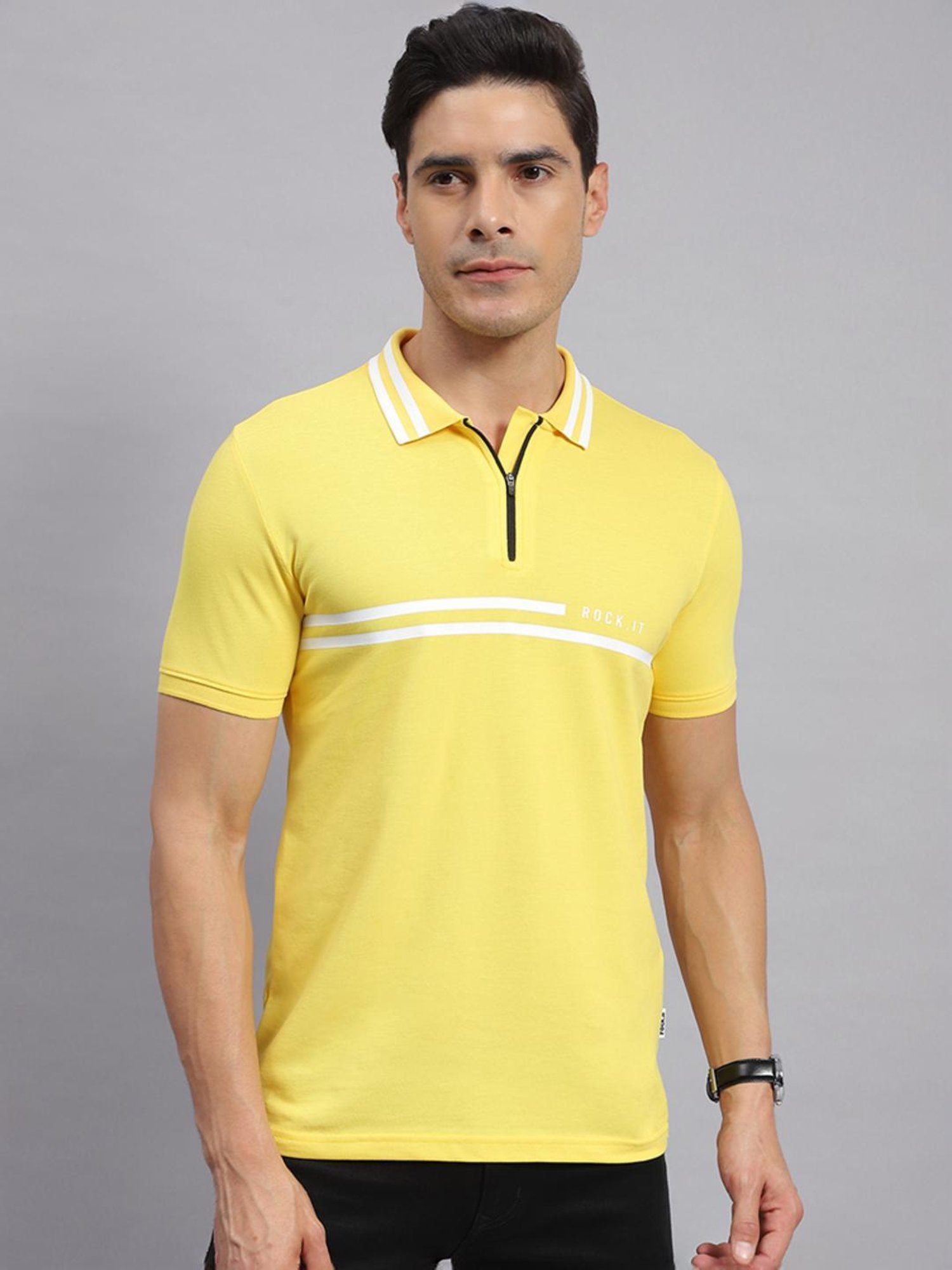 Rock.it Yellow Cotton Regular Fit Printed Polo T-Shirt