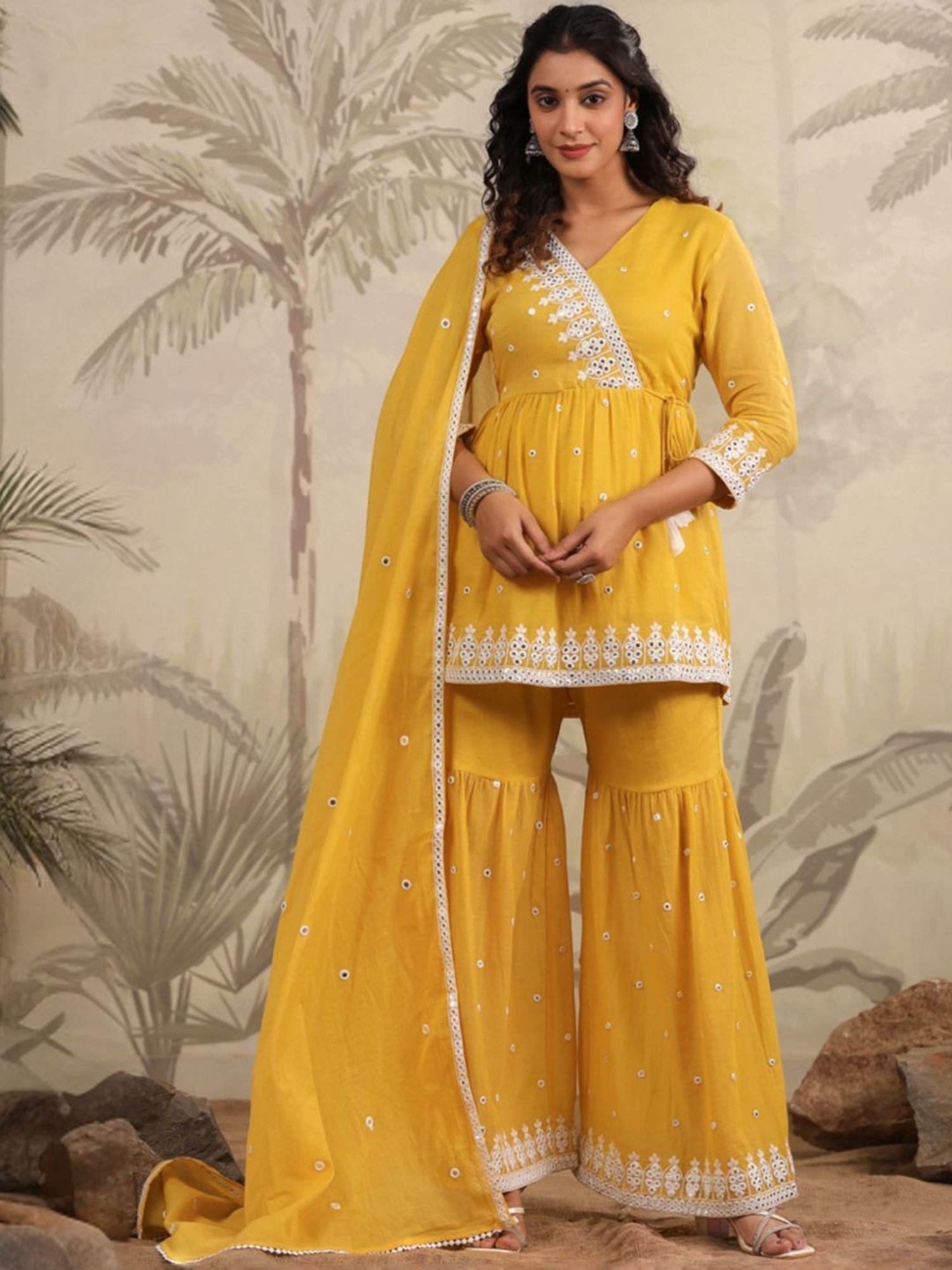 SCAKHI Mustard Mulmul Mirror Embroidered Peplum Kurta With Sharara And Dupatta