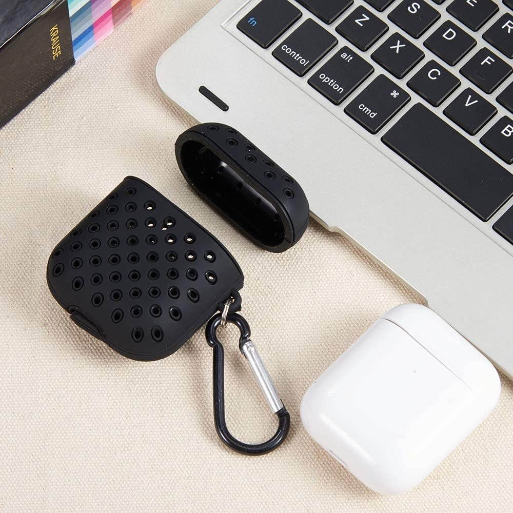 Redshield Compatible for Apple Airpods Sporty Style 2 Tone Soft Silicone CASE with Breathable Holes and Carabiner Black & Black