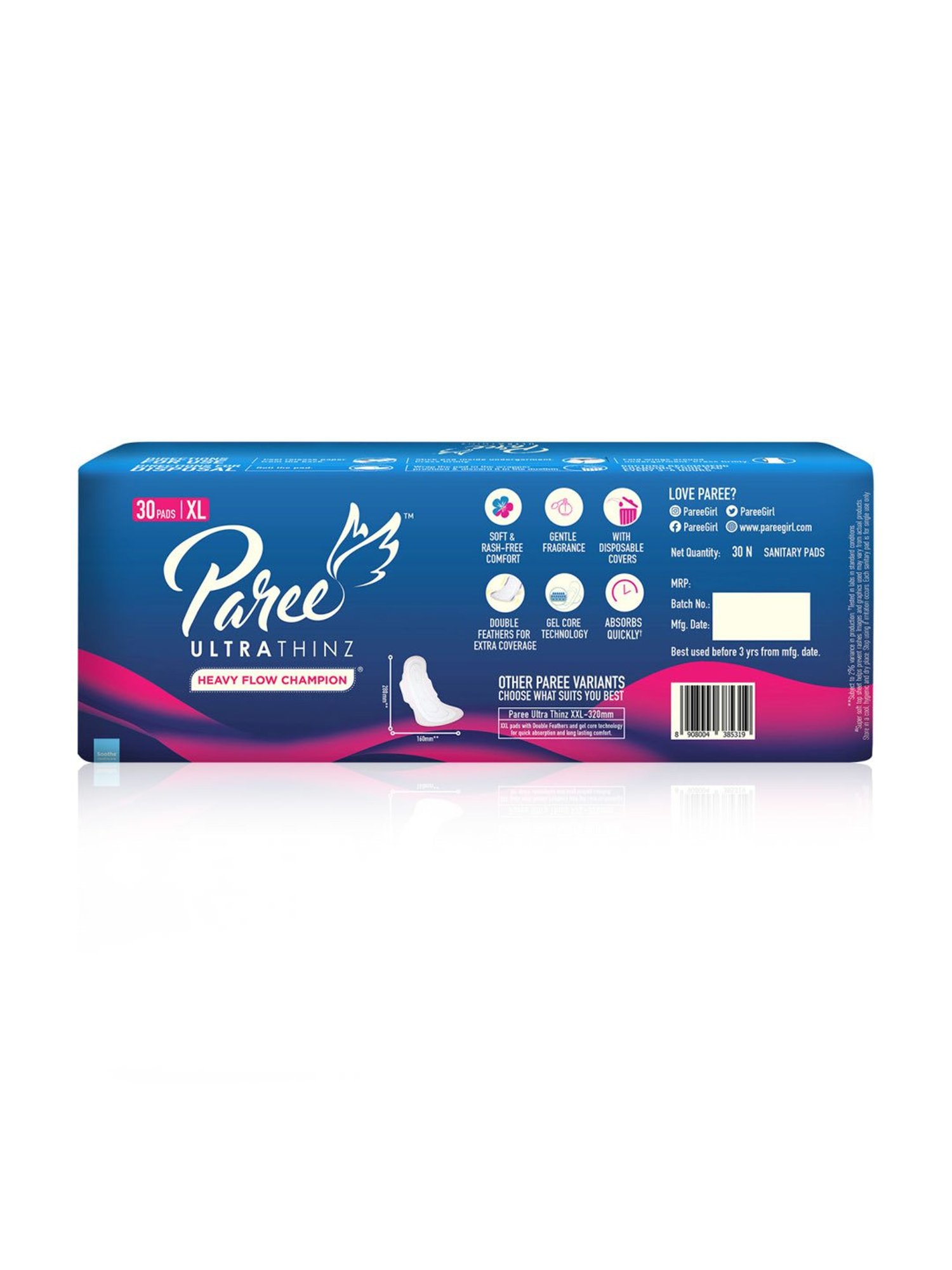 Paree Ultra Thinz Soft & Rash Free Sanitary Trifold XL Pads for Women - 30 Pcs