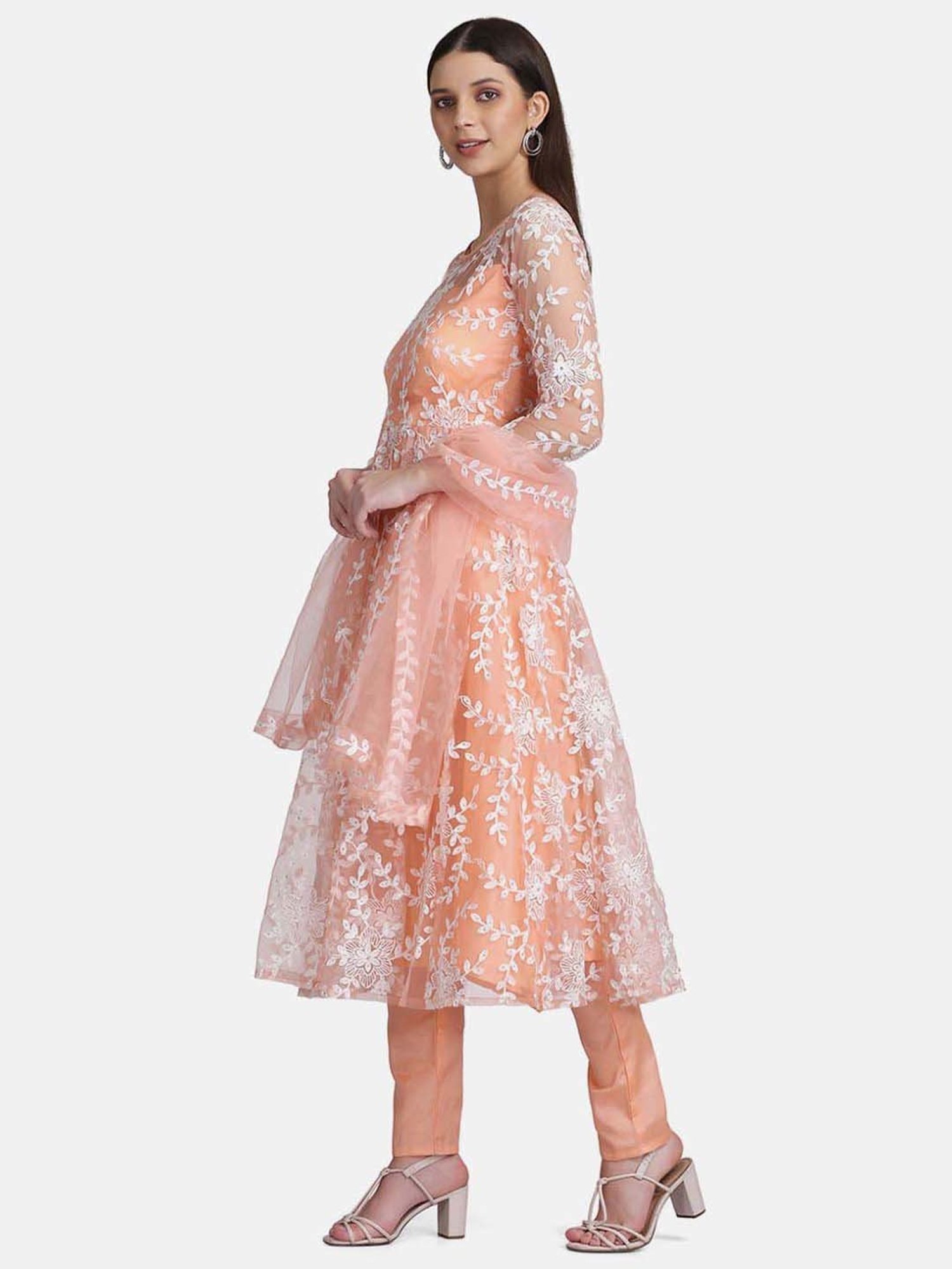 Warthy Ent Peach Embroidered Semi Stitched Dress Material