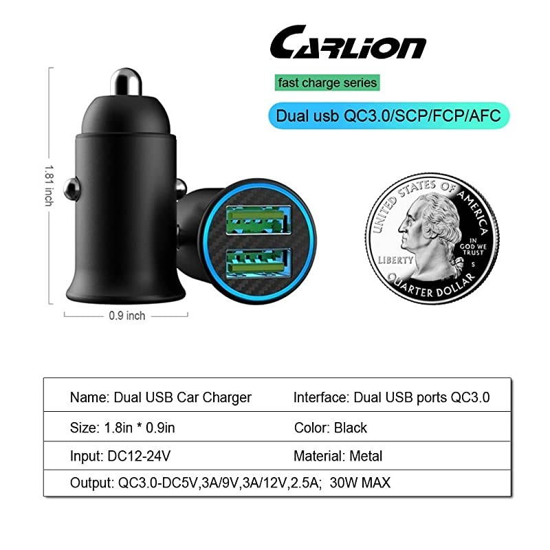 Charge 3.0 Car Charger Mini 30W 4.8A Metal Dual USB Ports QC 3.0 Car Charger Adapter Flush Fit Fast Charge Car Adapter for iPhone 11/XR/Xs/Max/X/8/7, iPad Pro/Air 2/Mini, Galaxy, LG and More