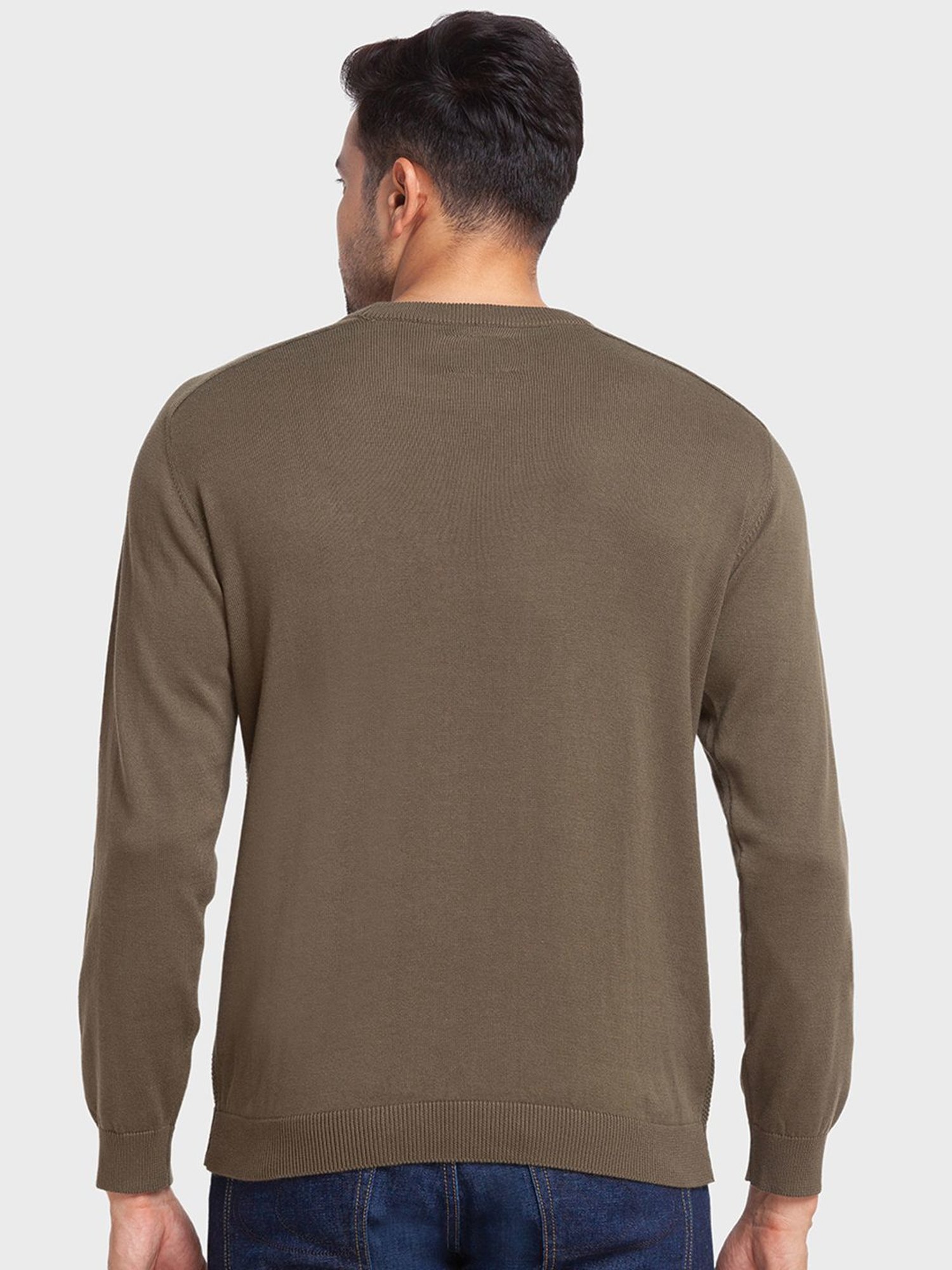 ColorPlus Green Cotton Tailored Fit Texture Sweaters