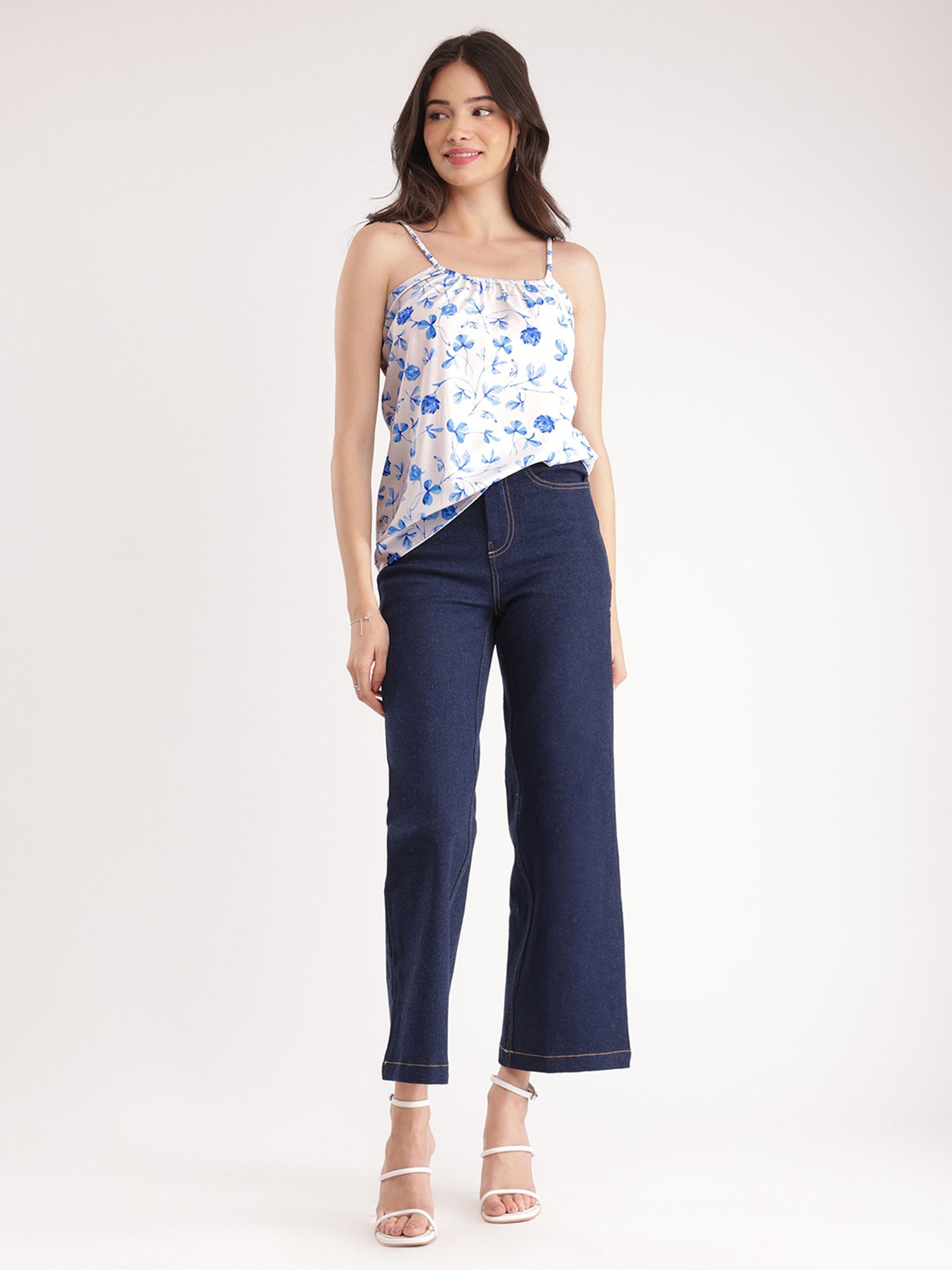 Fablestreet Blue & White Floral Print Top