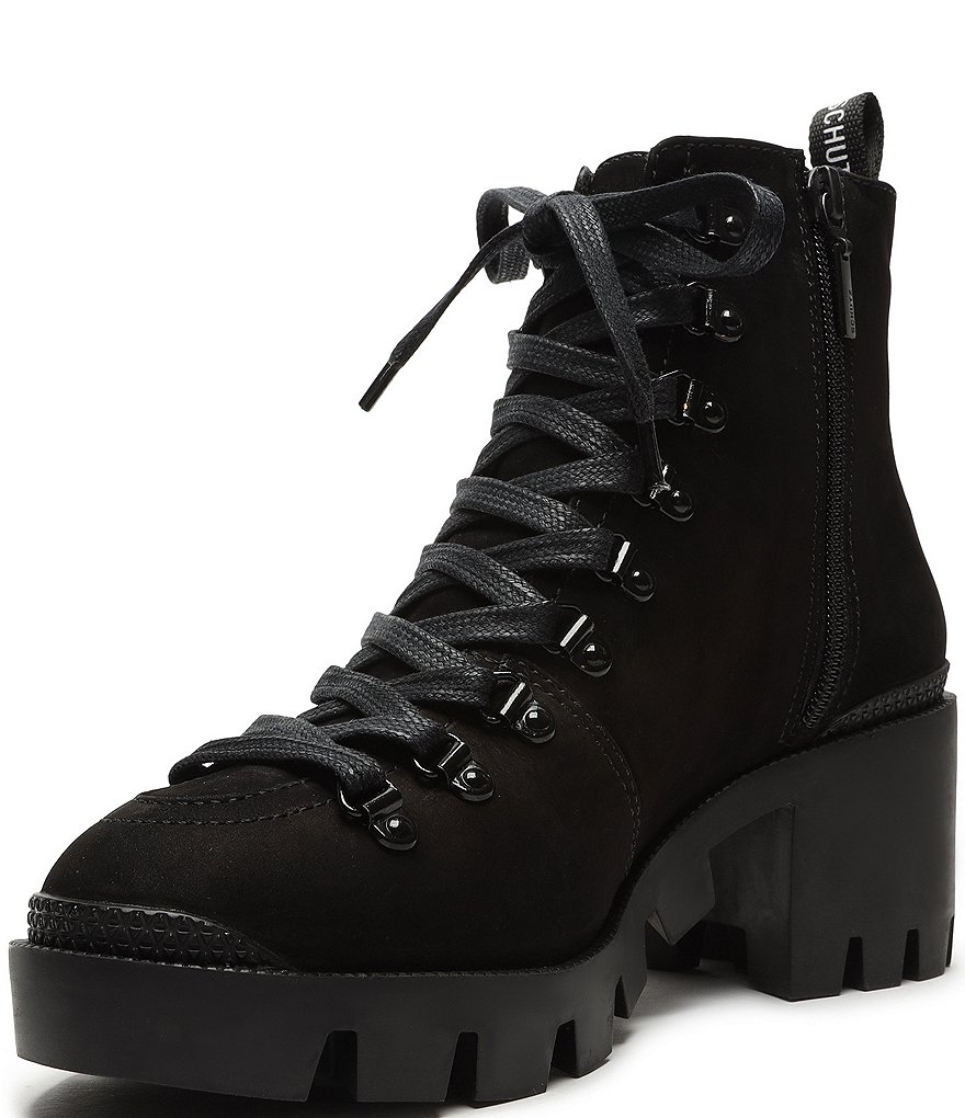 Schutz Xayane Suede Lace-Up Block Heel Lug Sole Combat Booties