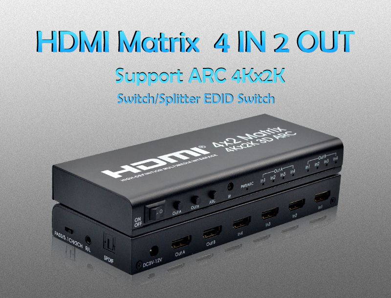 HDMI 4X2 Matrix Switch Switcher HDMI Splitter Support ARC 4Kx2K SPDIF coaxial stereo headphone audio output for PC