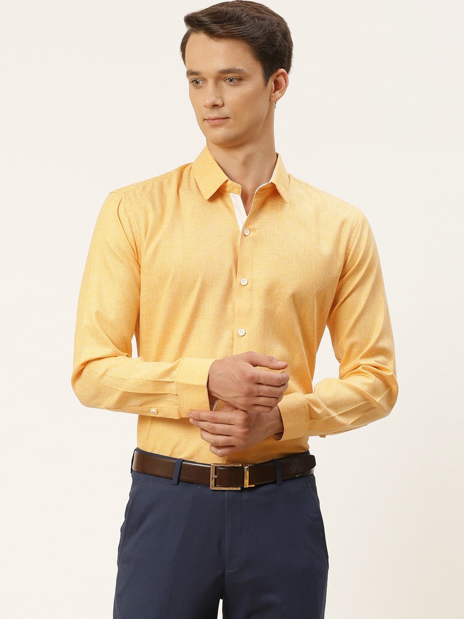 Sojanya Yellow Cotton Linen Regular Fit Self Pattern Shirt