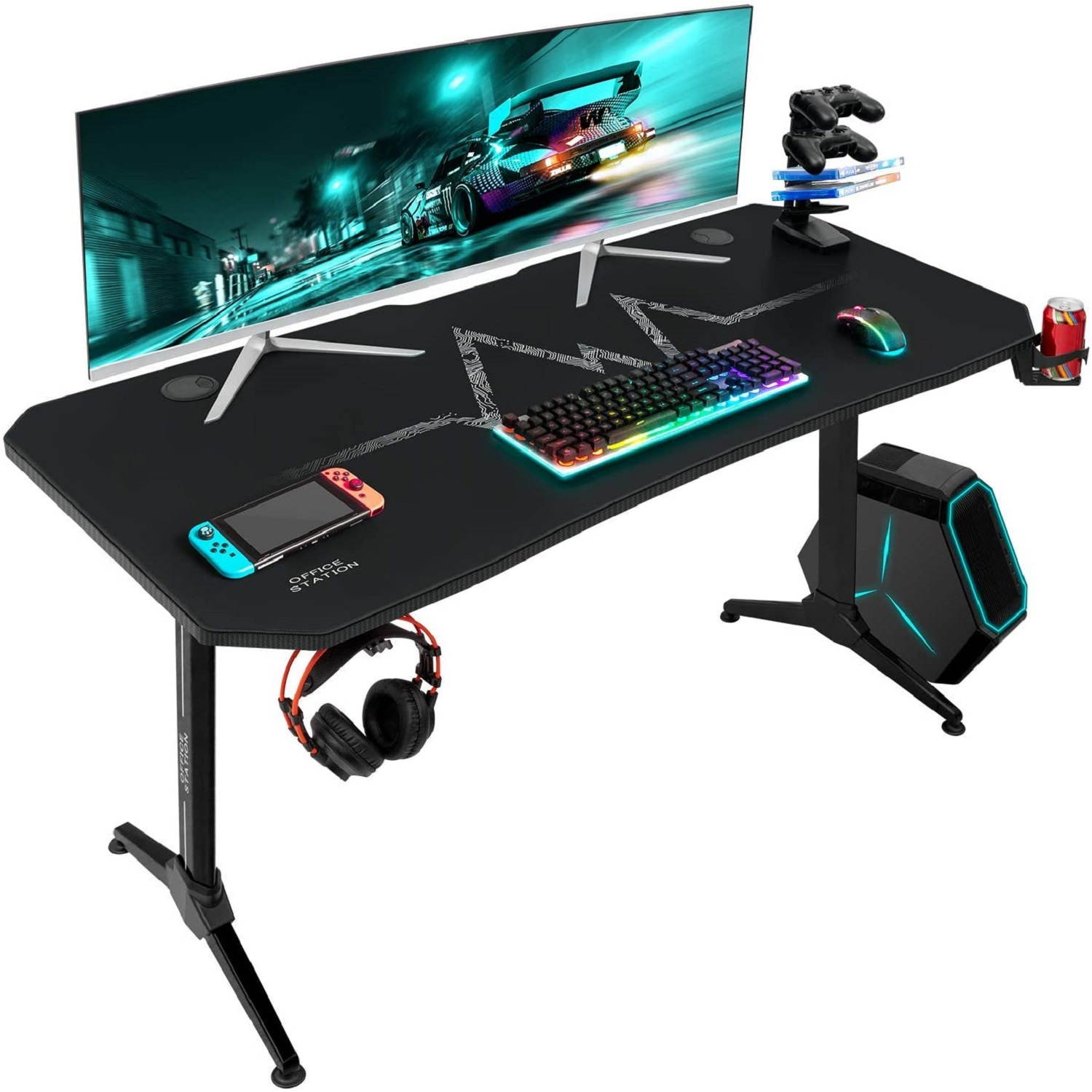 Furmax 55 Inch Gaming Desk Racing Style PC Computer Desk Y-shaped Table Home Office Desk with Large Carbon Fiber Surface, Free Mouse Pad, Headphone Hook, Gaming Handle Rack and Cup Holder (Black)