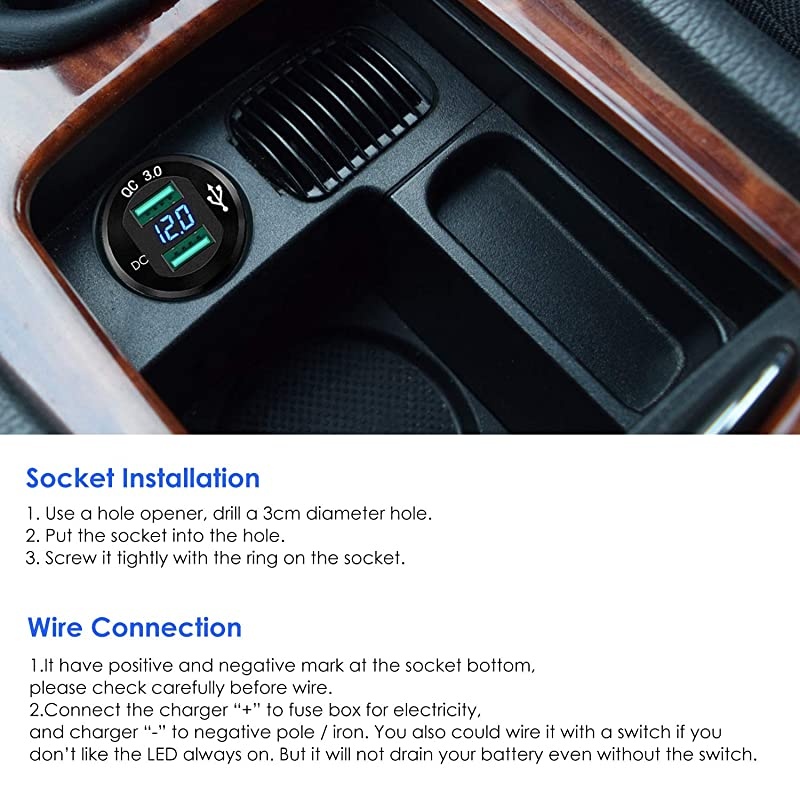 12V USB Outlet,  12V/24V 36W Aluminum Waterproof Dual QC3.0 USB Fast Charger Socket Power Outlet Adapter w/LED Digital Voltmeter for Car, Marine, Boat, Motorcycle, Truck, Golf Cart, etc