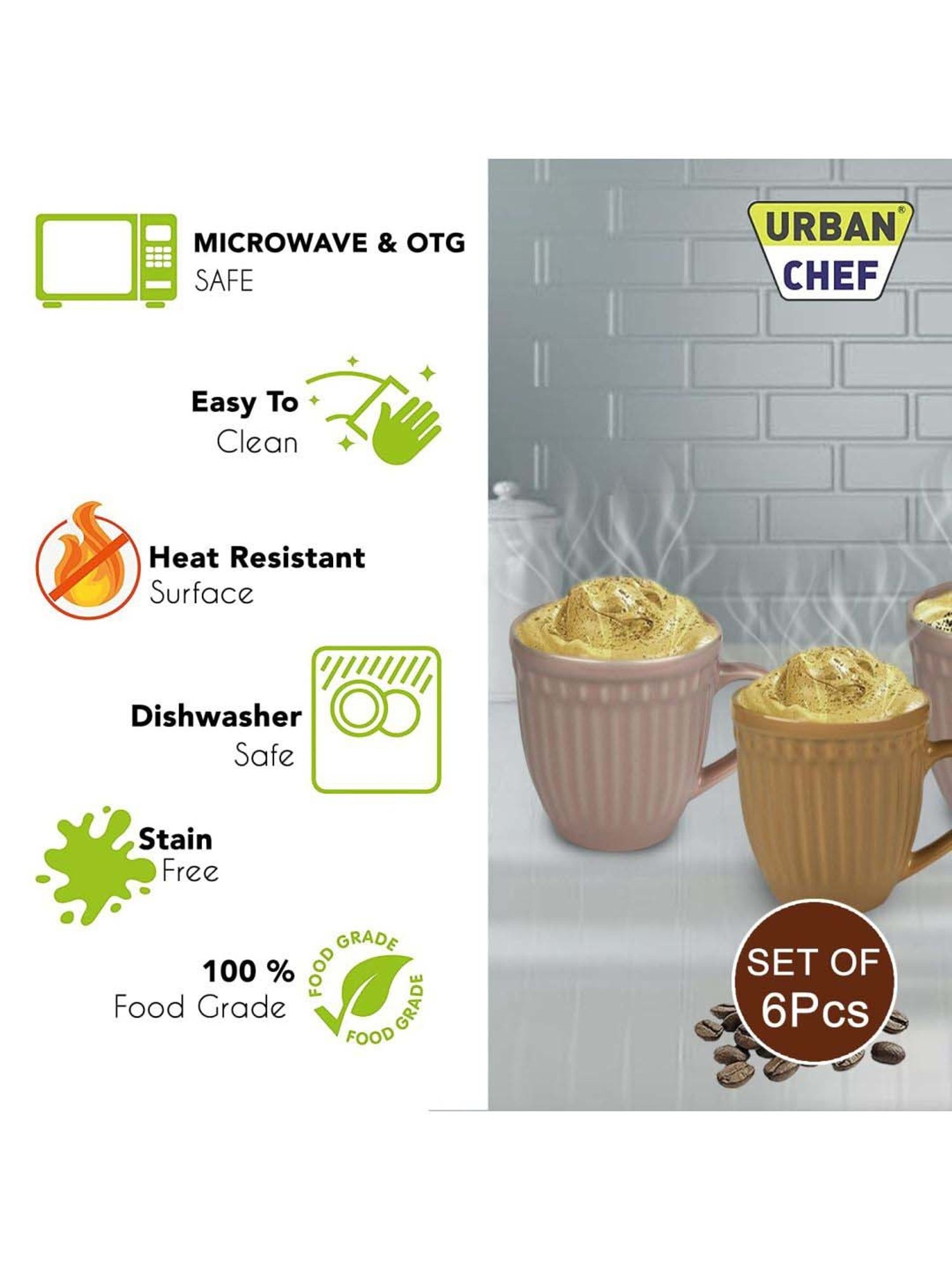 Urban Chef Pink & Brown Ceramic Handcrafted Microwave Safe Tea Cup - Set of 6