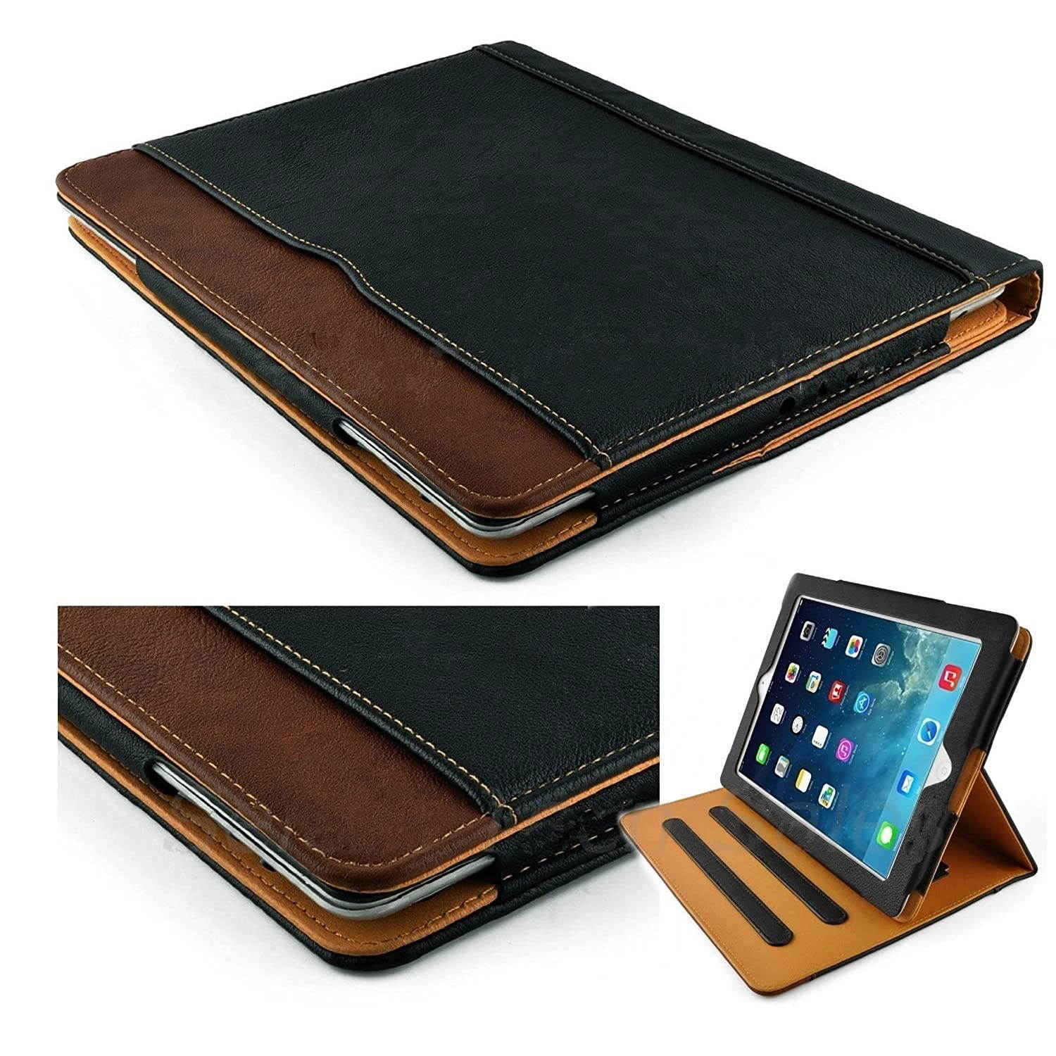 New S-Tech Apple iPad Pro 12.9 Black and Tan Soft Leather Wallet Magnetic Smart Cover with Sleep/Wake Feature Flip Folio Case (iPad Pro 12.9 Model # A1584 A1652)