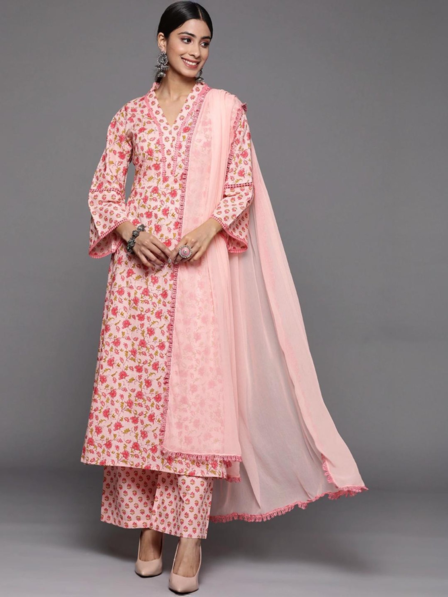 Varanga Pink Cotton Floral Print Kurta Pant Set With Dupatta