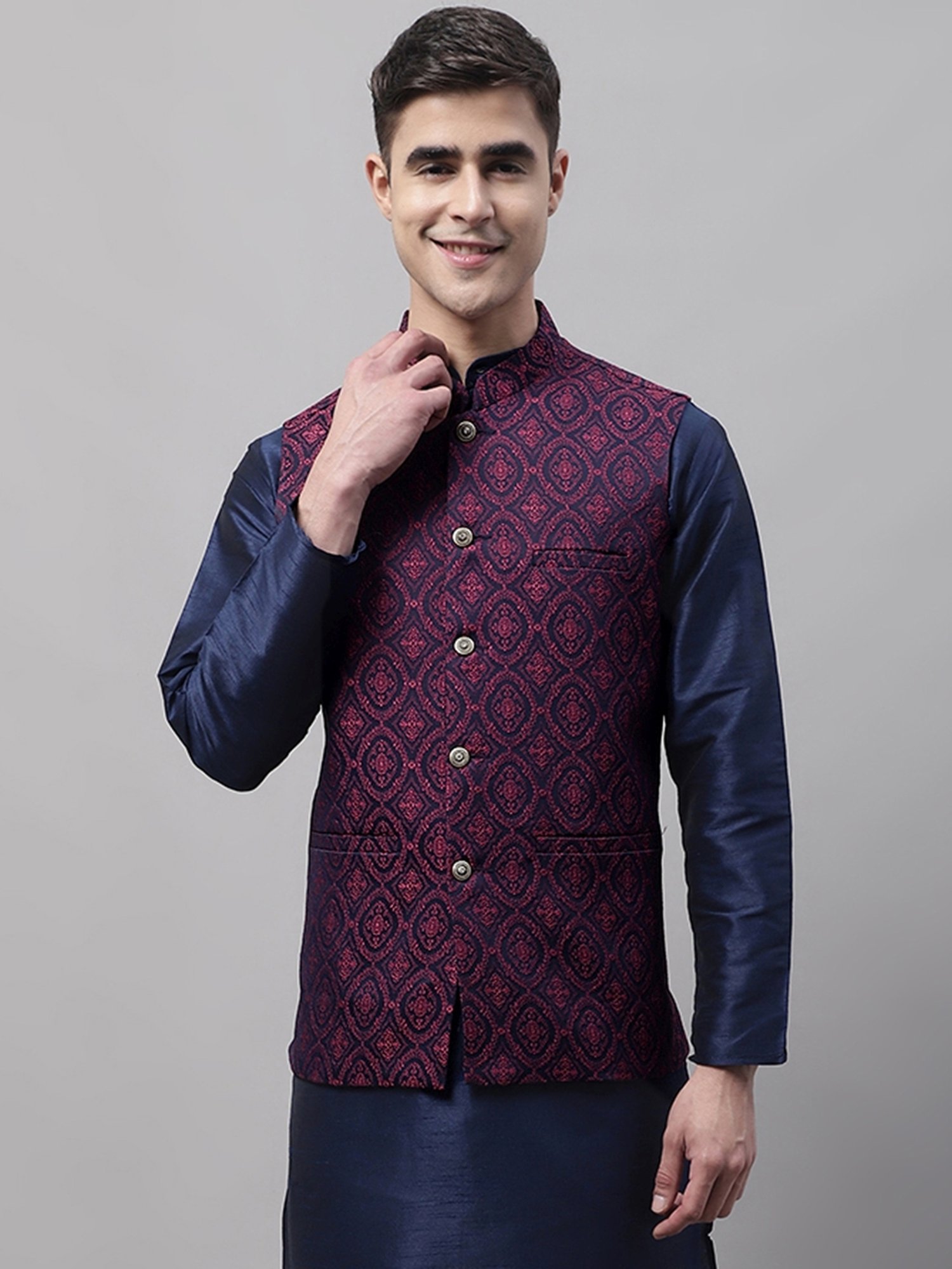 Jompers Maroon Regular Fit Embroidered Nehru Jackets
