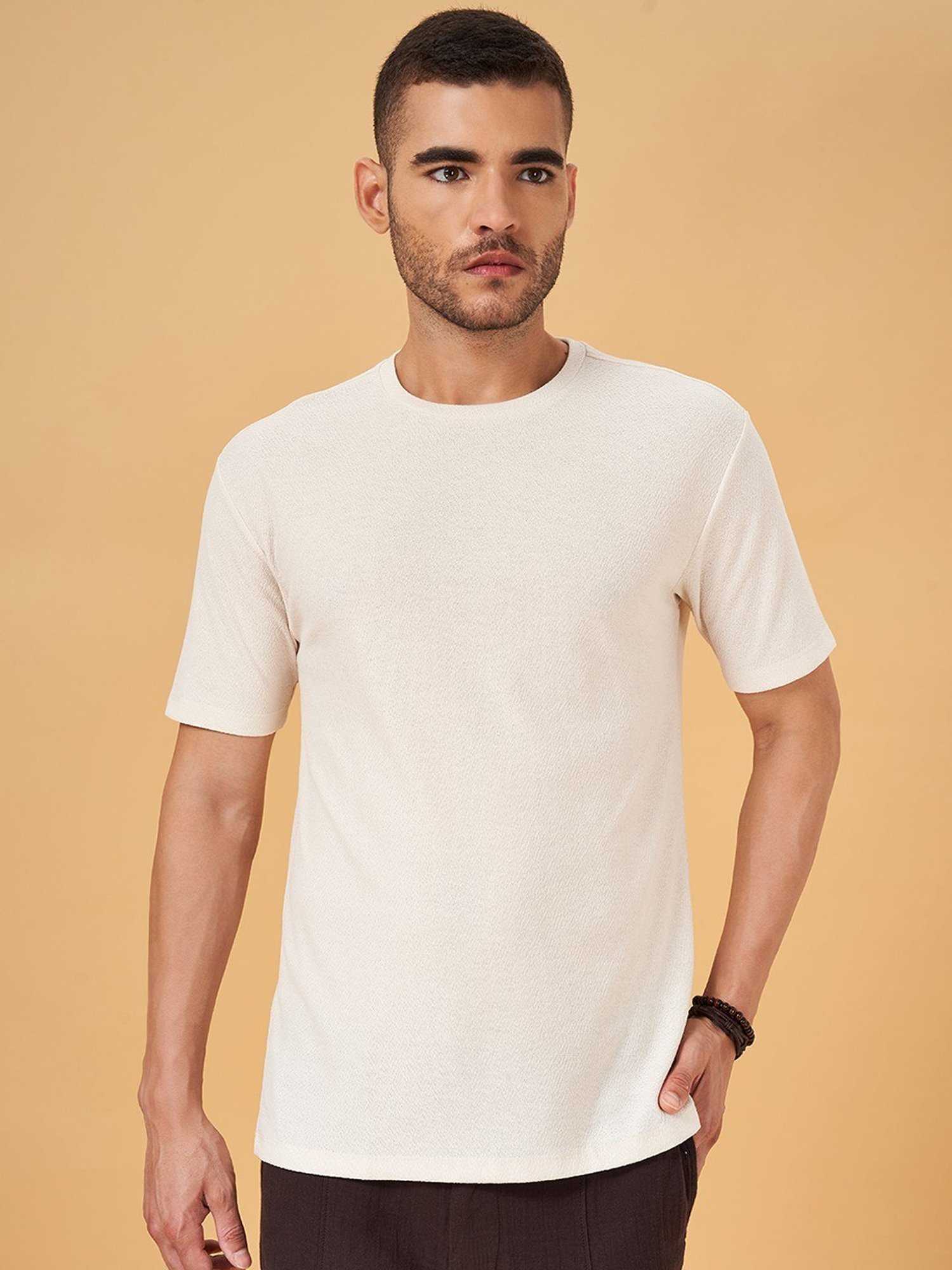 7 Alt by Pantaloons Ecru Relaxed Fit Self Pattern T-Shirt