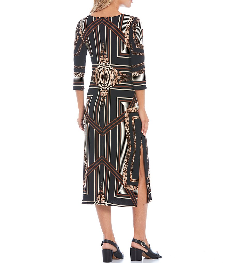 Eva Varro Medallion Geo Print Knit Side Slit Boat Neck 3/4 Sleeve Midi Dress