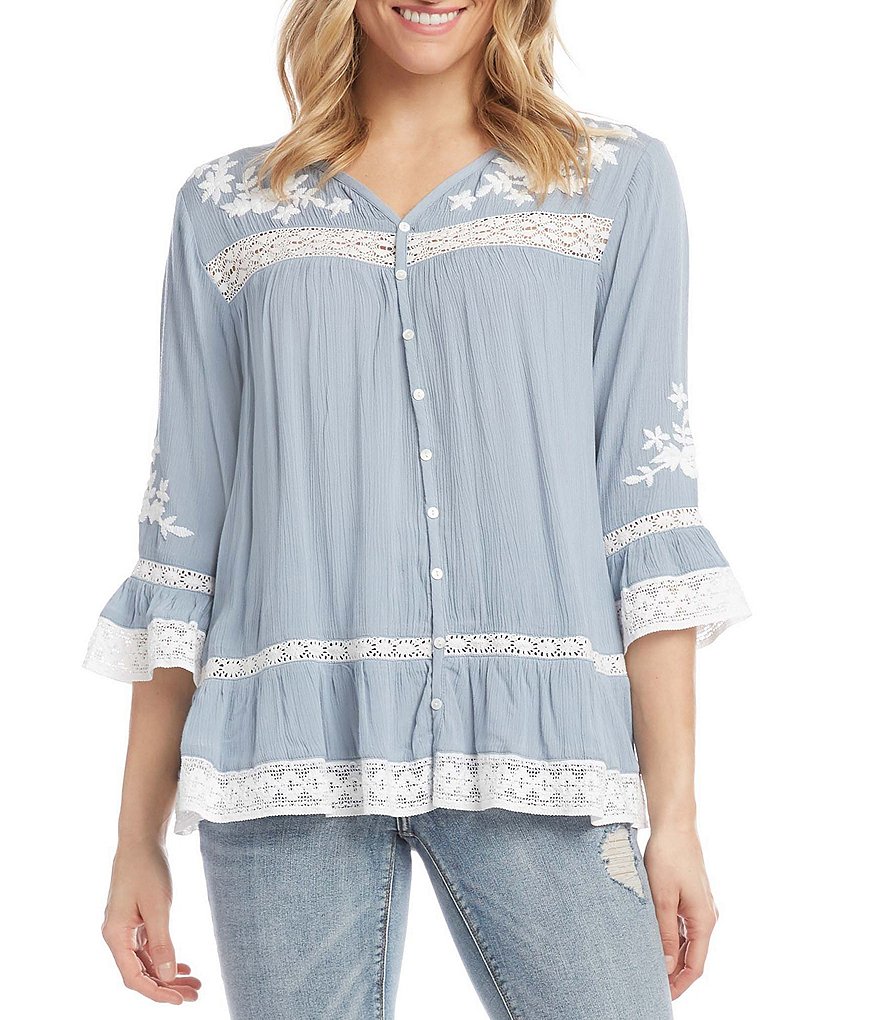 Karen Kane Embroidered V-Neck Lace Inset Flare Sleeve Top