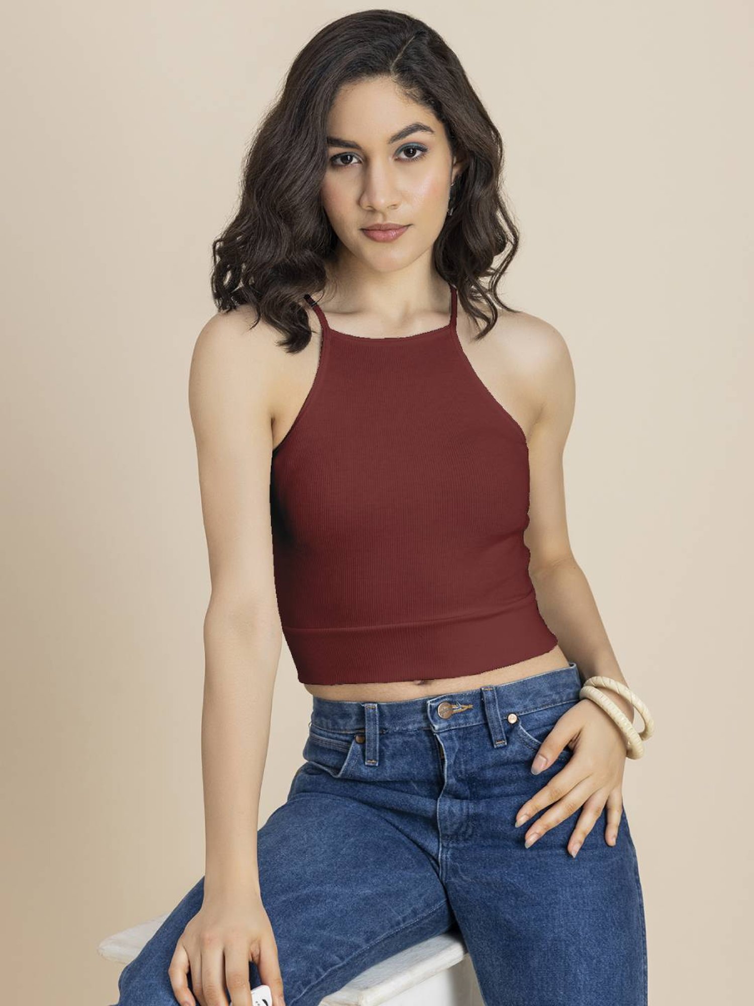 Moomaya Red Slim Fit Crop Top