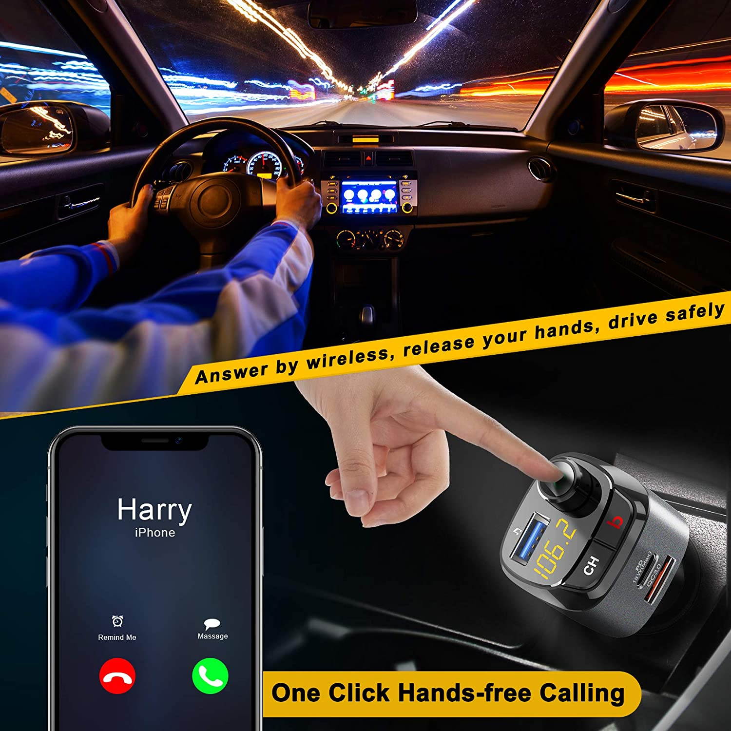 Bluetooth 5.0 FM car transmitter, QC3.0+Type-C PD 18W wireless Bluetooth FM radio adapter bass music player FM car kit, with hands-free call and 3 USB port chargers to support USB driver