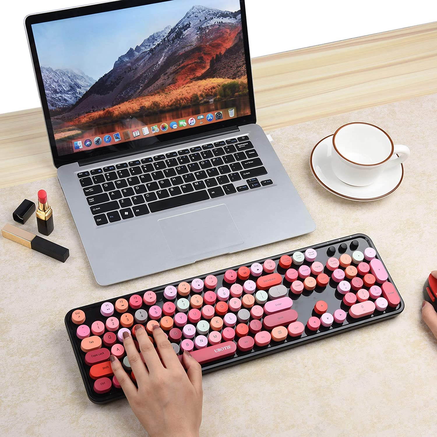 UBOTIE Colorful Computer Wireless Keyboard Mouse Combos, Typewriter Flexible Keys Office Full-Sized Keyboard, 2.4GHz Dropout-Free Connection and Optical Mouse (Black-Colorful)