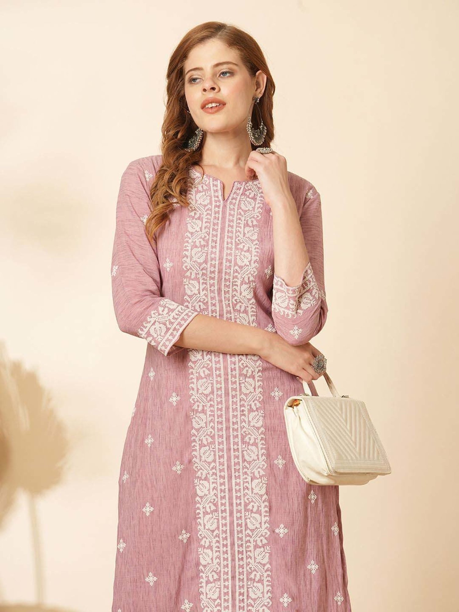 Fashor Pink Embroidered Kurta & Pant Set