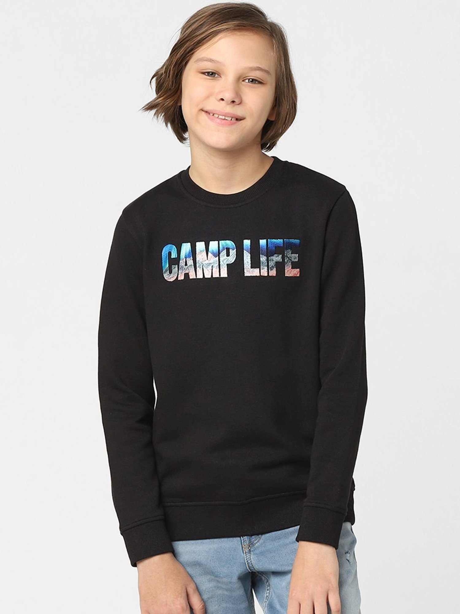Jack & Jones Junior Black Cotton Printed Full Sleeves Sweatshirt