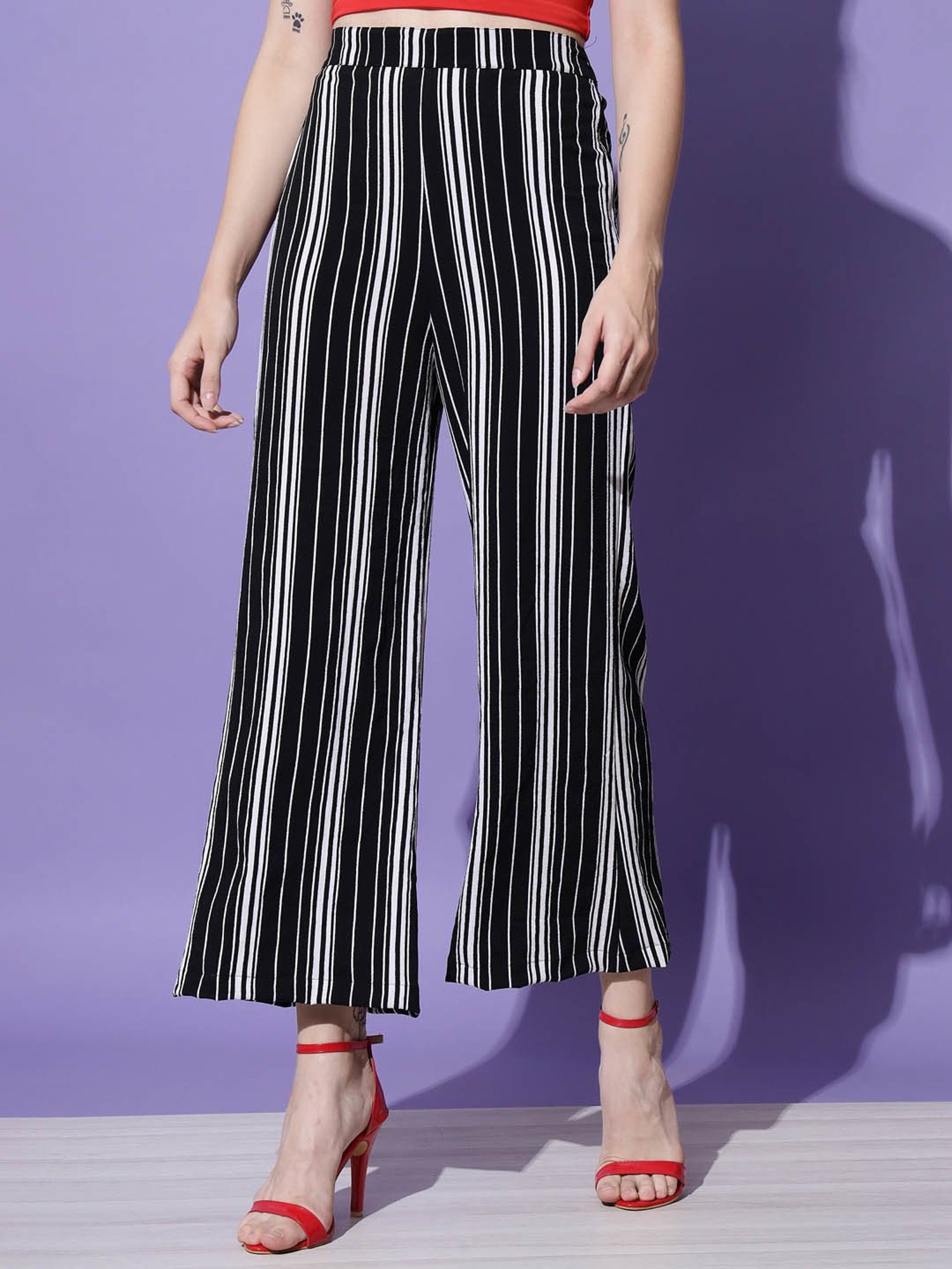 Trend Arrest Black & White Striped Relaxed Fit High Rise Regular Pants