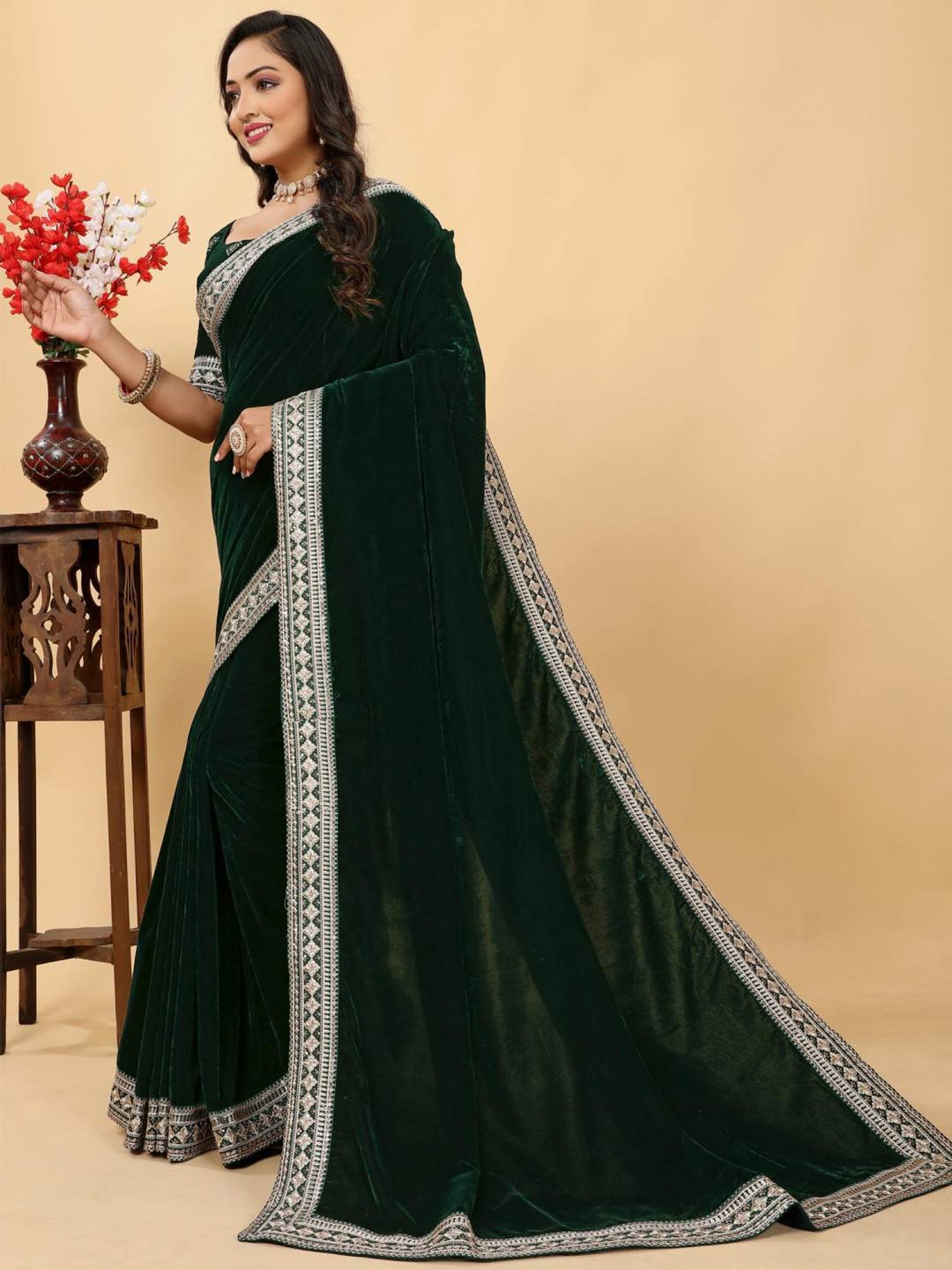 Saree Mall Green Embroidered Saree With Unstitched Blouse