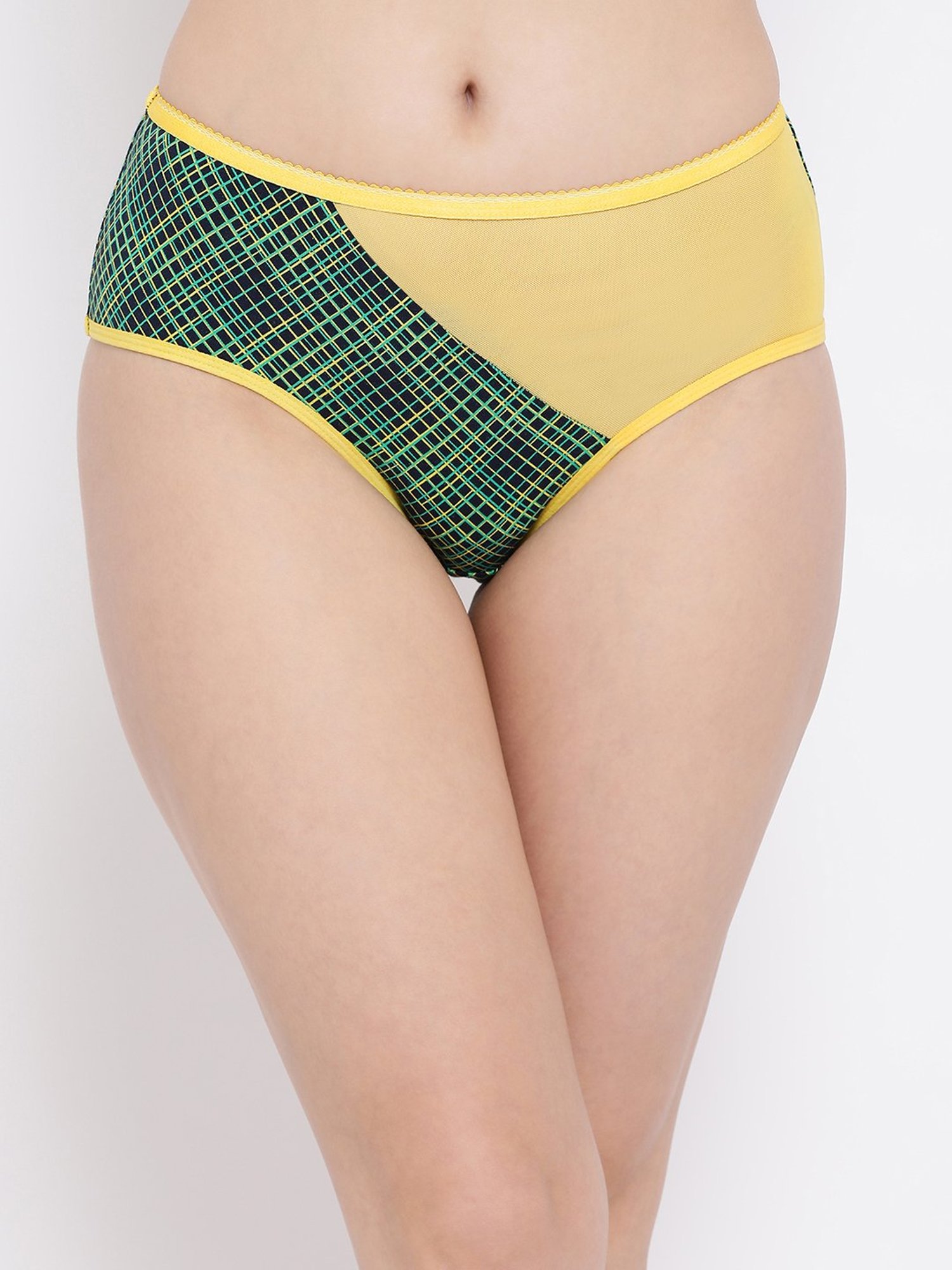Clovia Navy & Yellow Checks Mid Waist Hipster Panty