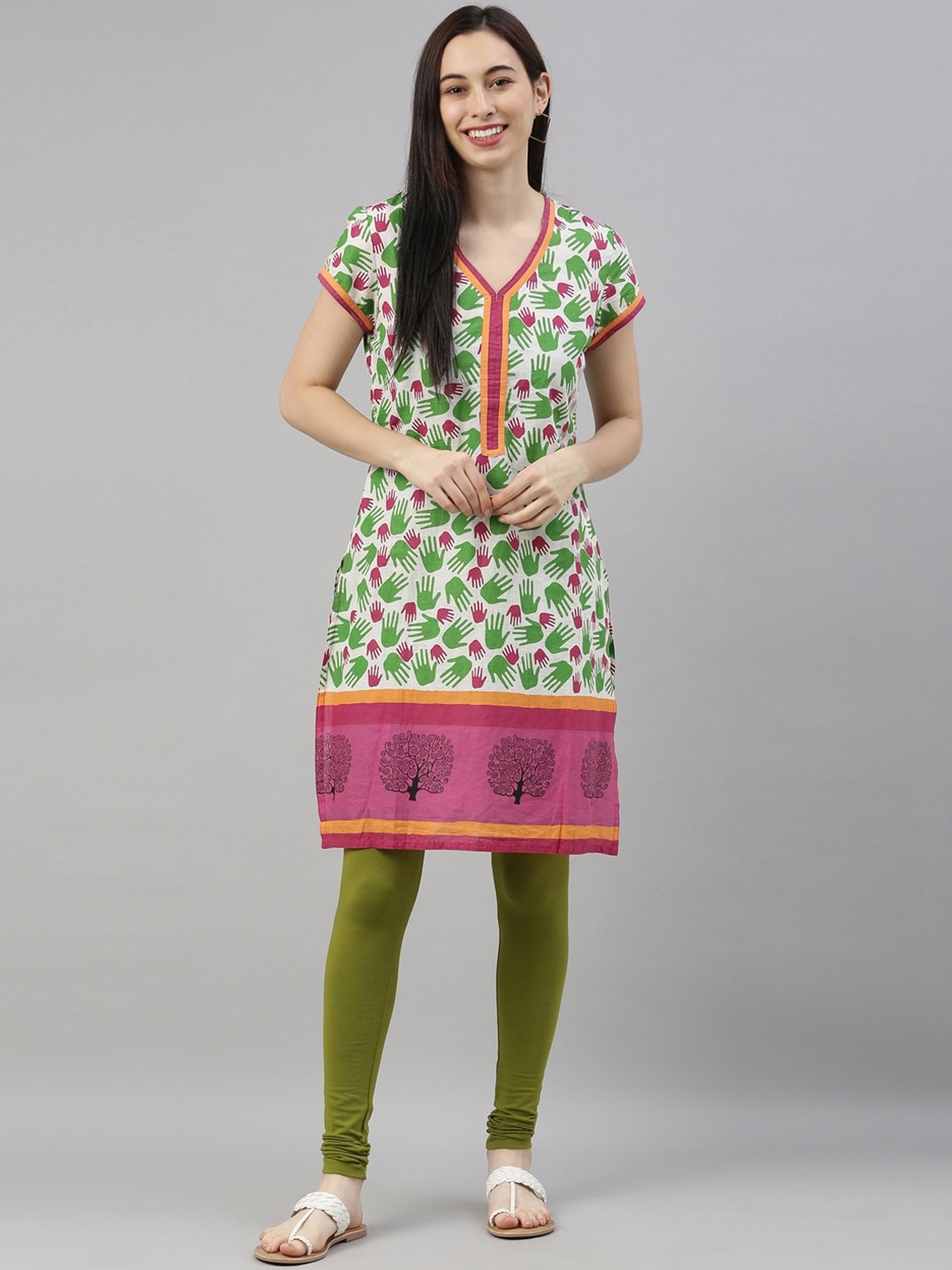 TWIN BIRDS Green Cotton Full Length Leggings