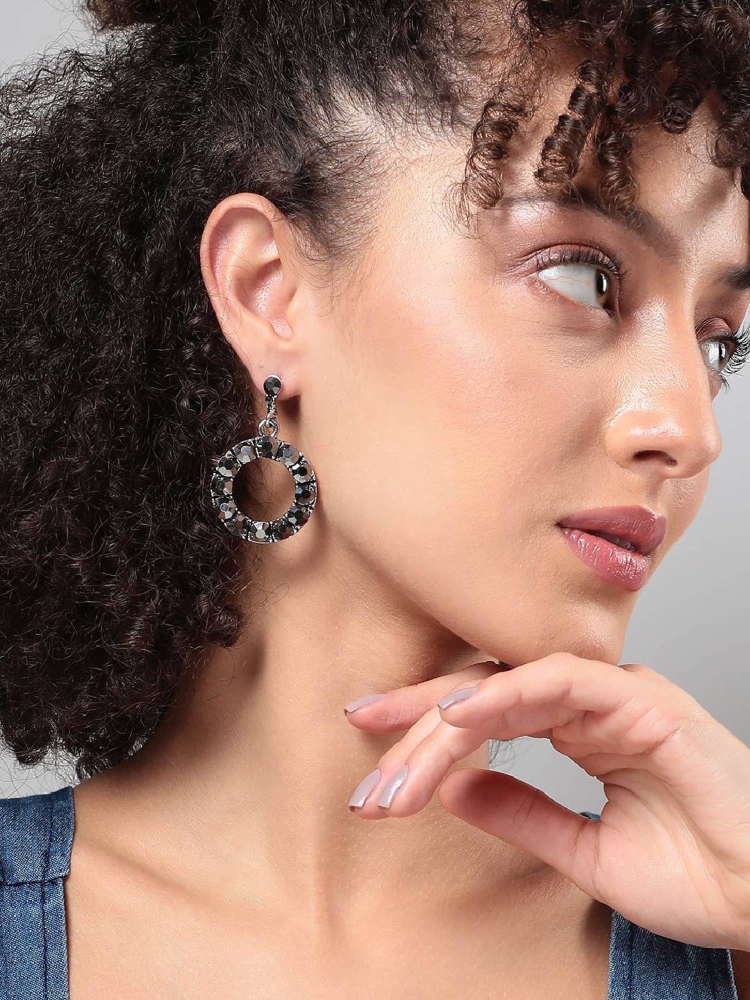 Sohi Women's Stone Hollow Circular Drop Earrings  Dark Silver