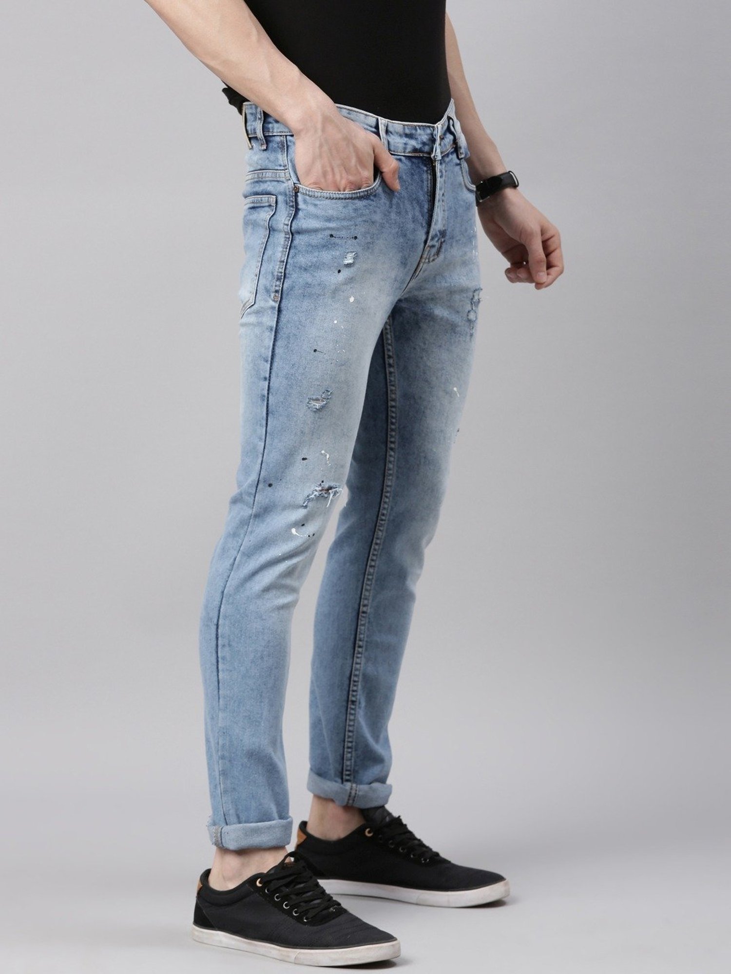CINOCCI Sky Blue Cotton Slim Fit Distressed Jeans