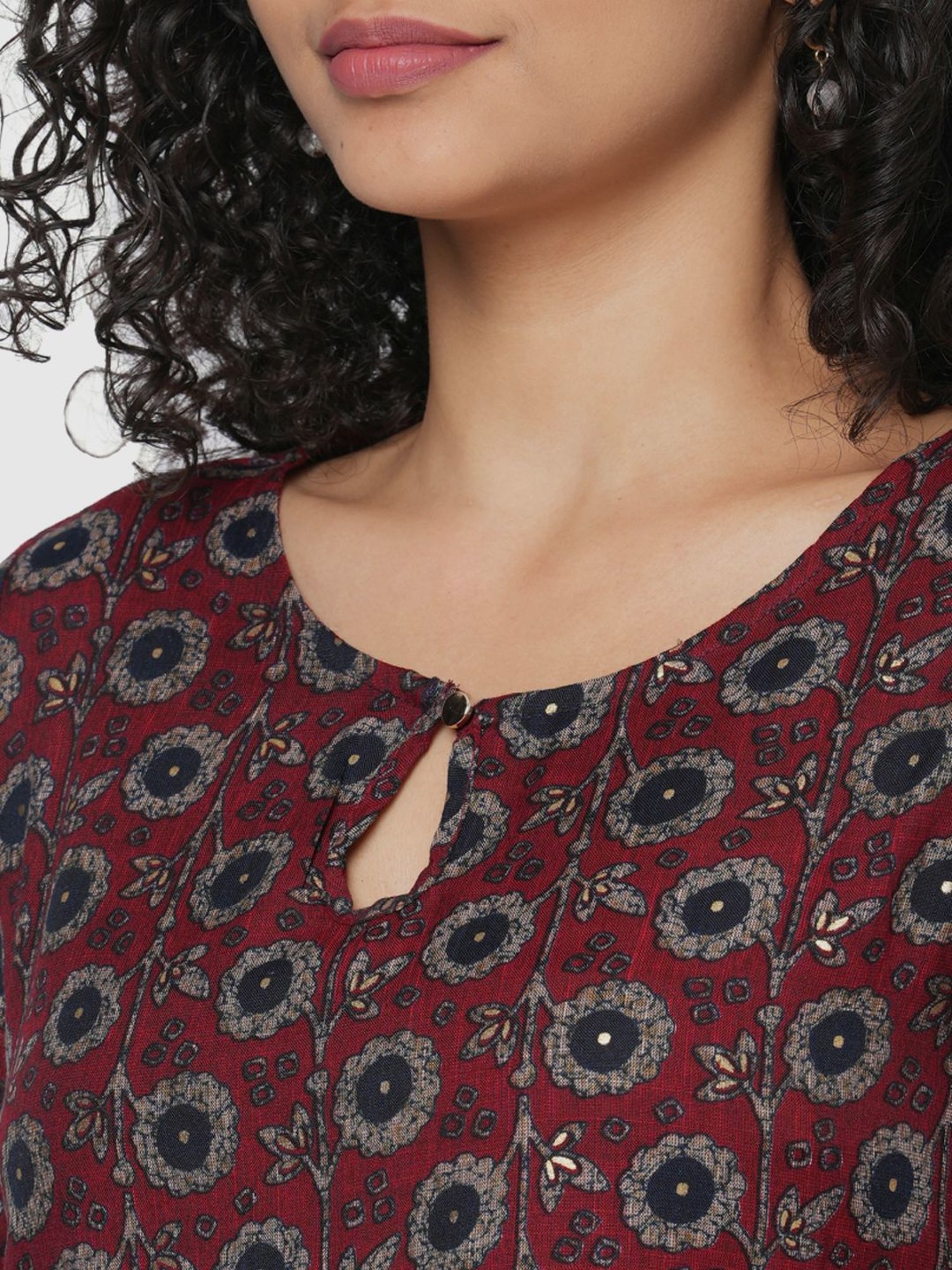 Fusion Beats Maroon Floral Print A Line Kurta