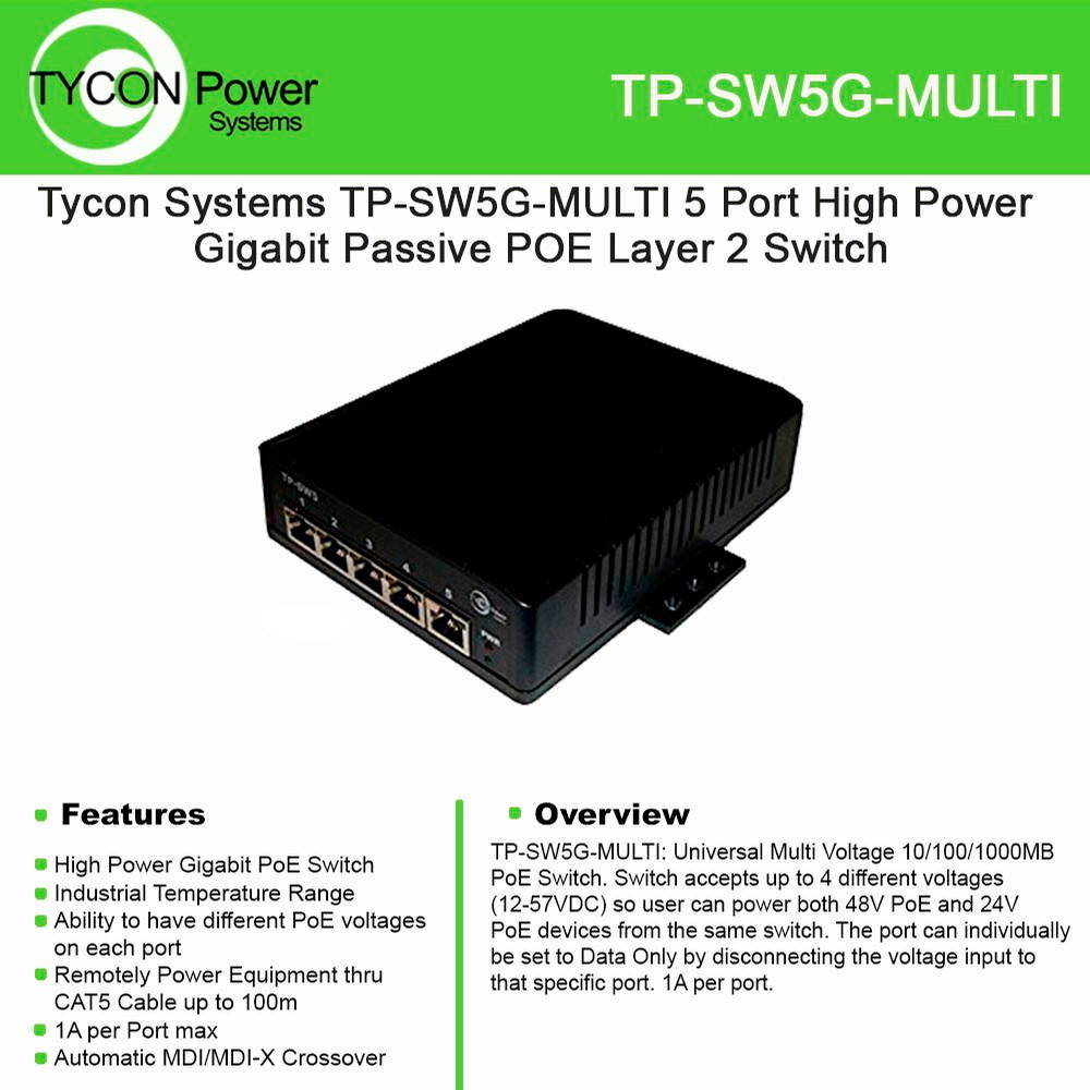 Tycon Power TP-SW5G-MULTI 5 port multi-volt gbit passive PoE switch 12-56V