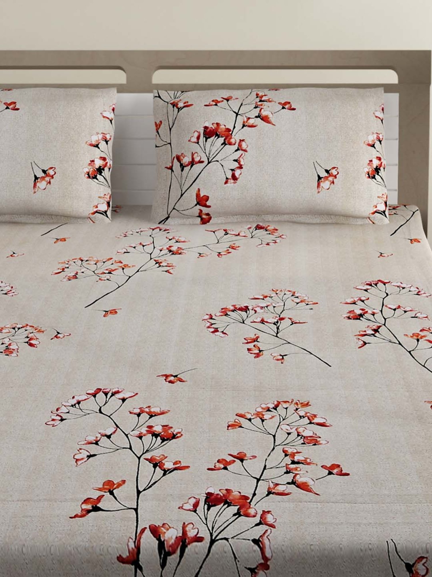 Swayam Ananda Floral Light Brown 200 TC Cotton King Bedsheet with 2 Pillow Covers