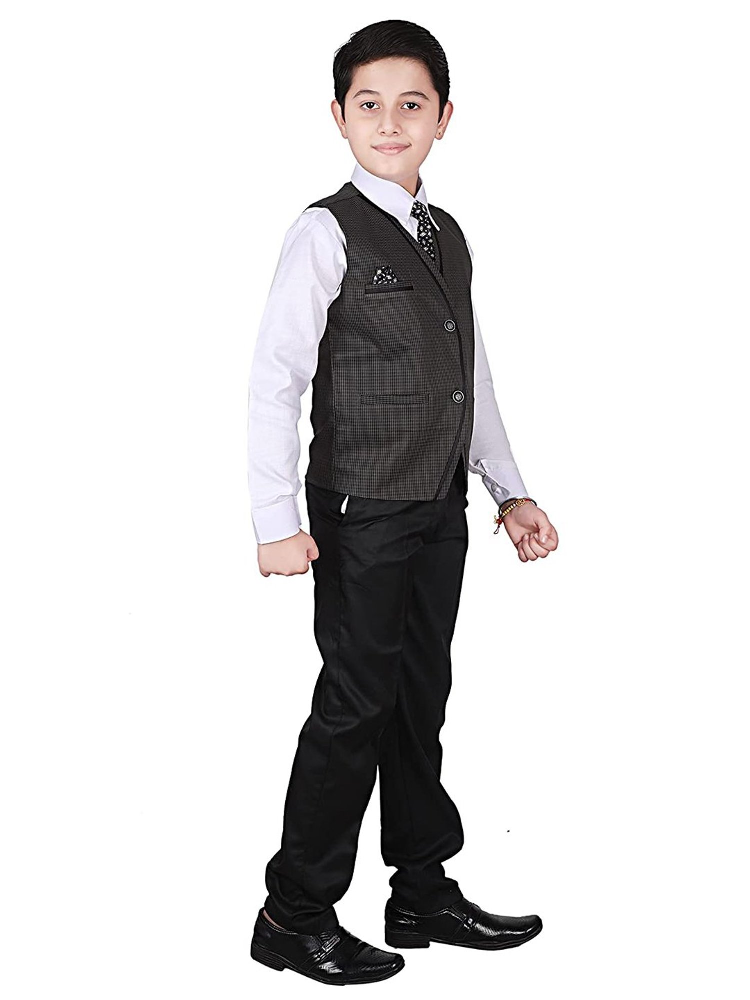 Pro-Ethic Style Developer Kids Black & White Solid Full Sleeves Shirt, Waistcoat, Pants with Tie